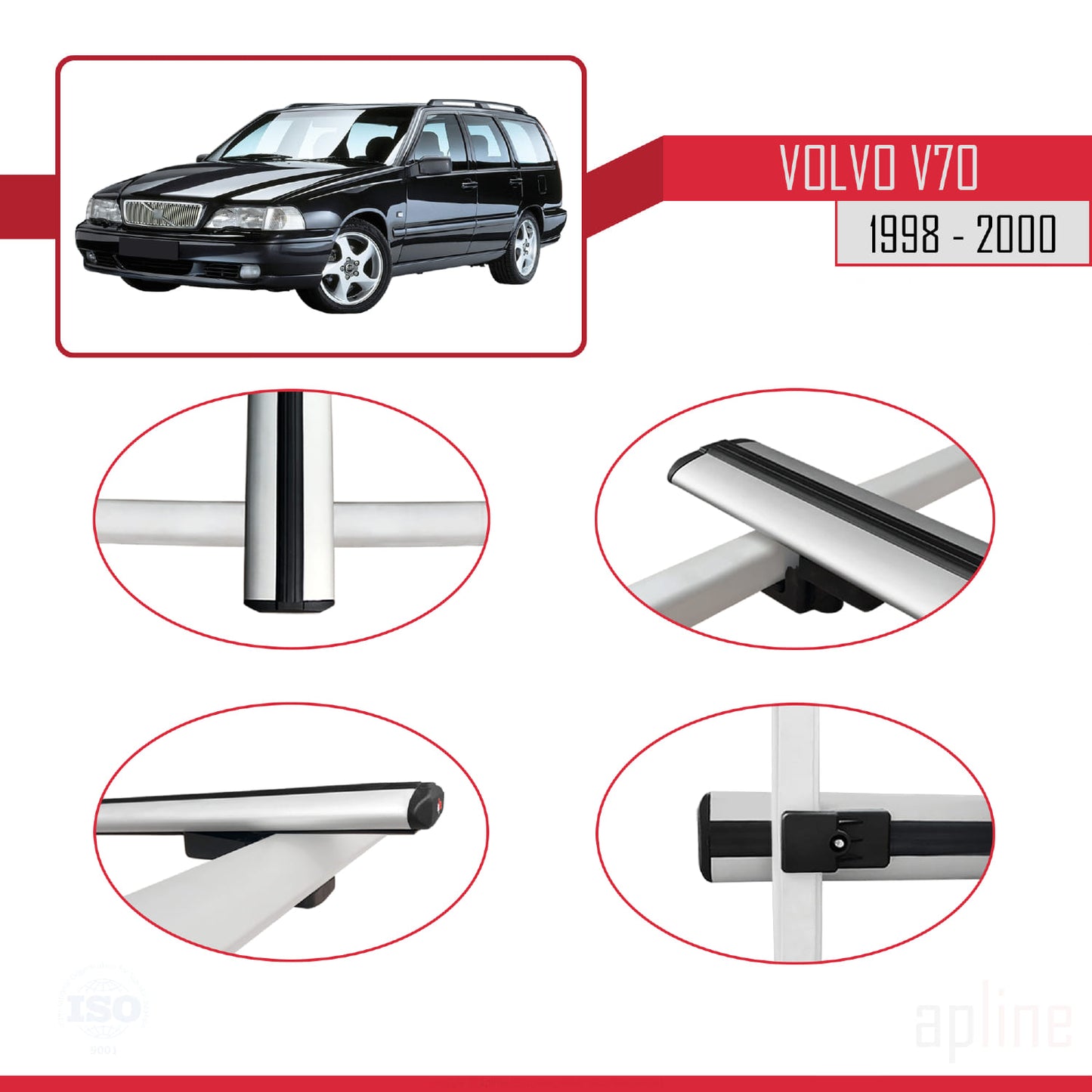 Compatible avec Volvo V70 1998-2000 BASIC Model Barres de Toit Railing Porte-Bagages de Voiture Gris Aluminium 2 Barres