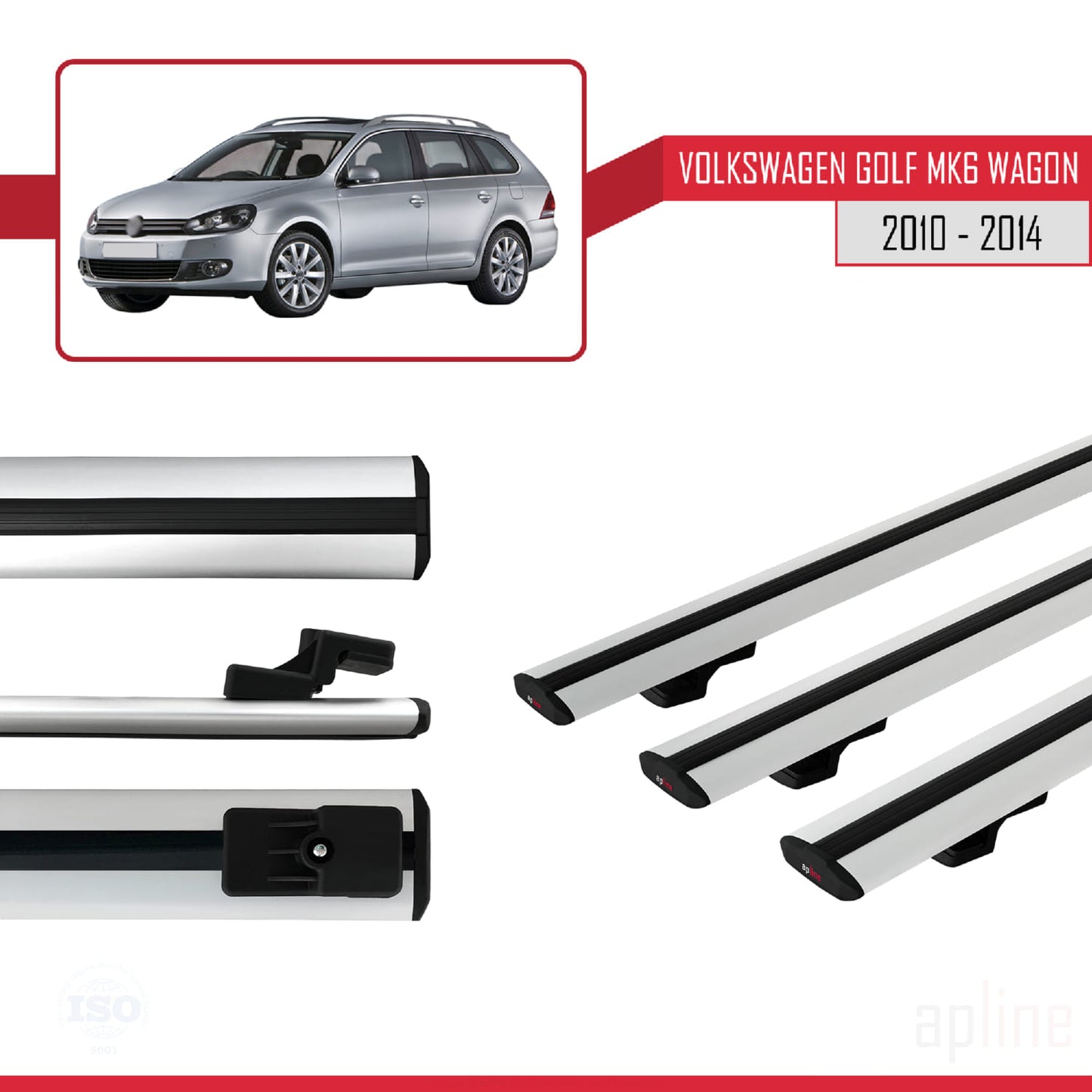 Compatible avec VW Golf Mk6 Wagon 2010-2014 BASIC Model Barres de Toit Railing Porte-Bagages de Voiture Gris Aluminium 3 Barres