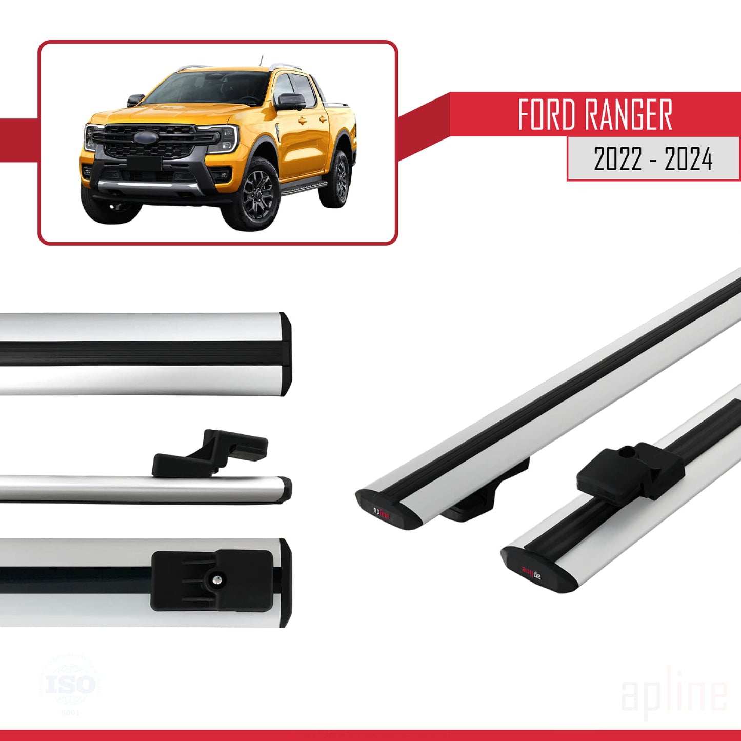 Compatible avec Ford Ranger (P703) 2022-2024 BASIC Model Barres de Toit Railing Porte-Bagages de Voiture Gris Aluminium 2 Barres