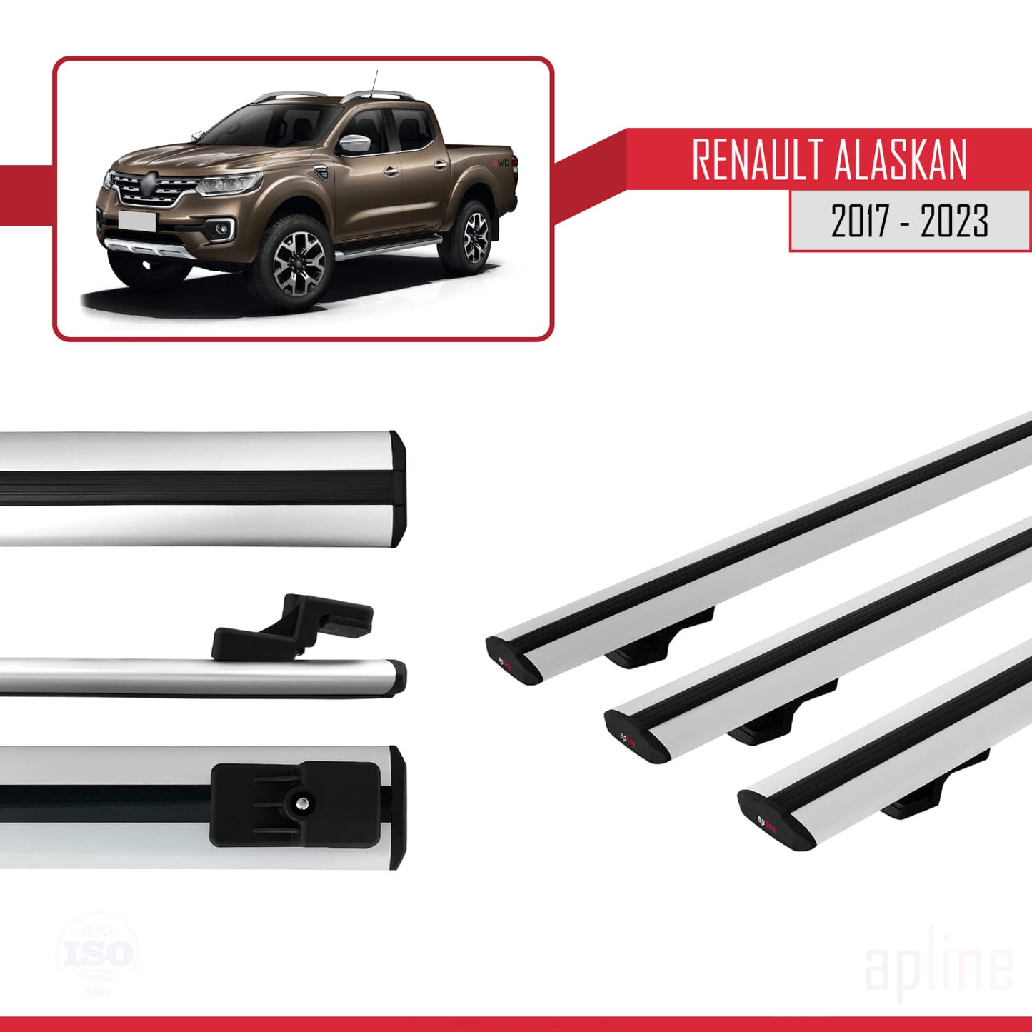 Compatible avec Renault Alaskan 2017-2023 BASIC Model Barres de Toit Railing Porte-Bagages de Voiture Gris Aluminium 3 Barres