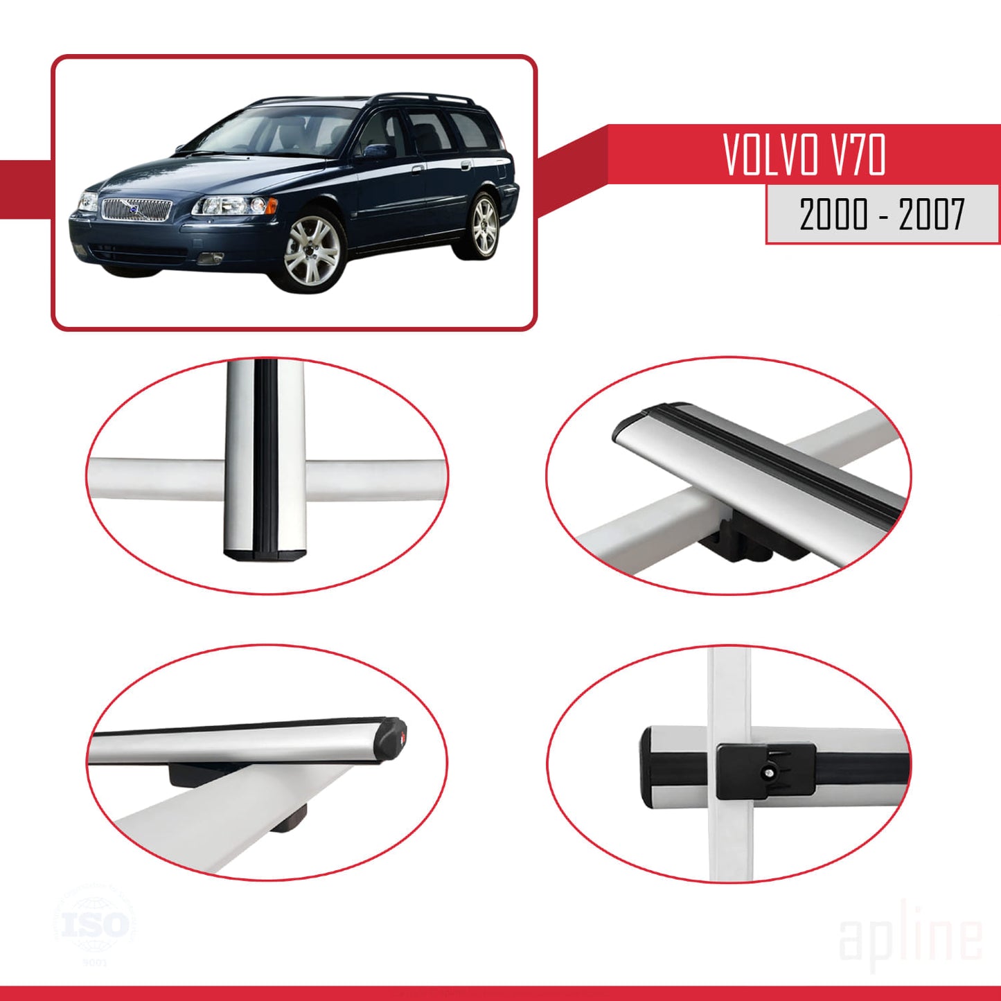 Compatible avec Volvo V70 2000-2007 BASIC Model Barres de Toit Railing Porte-Bagages de Voiture Gris Aluminium 3 Barres