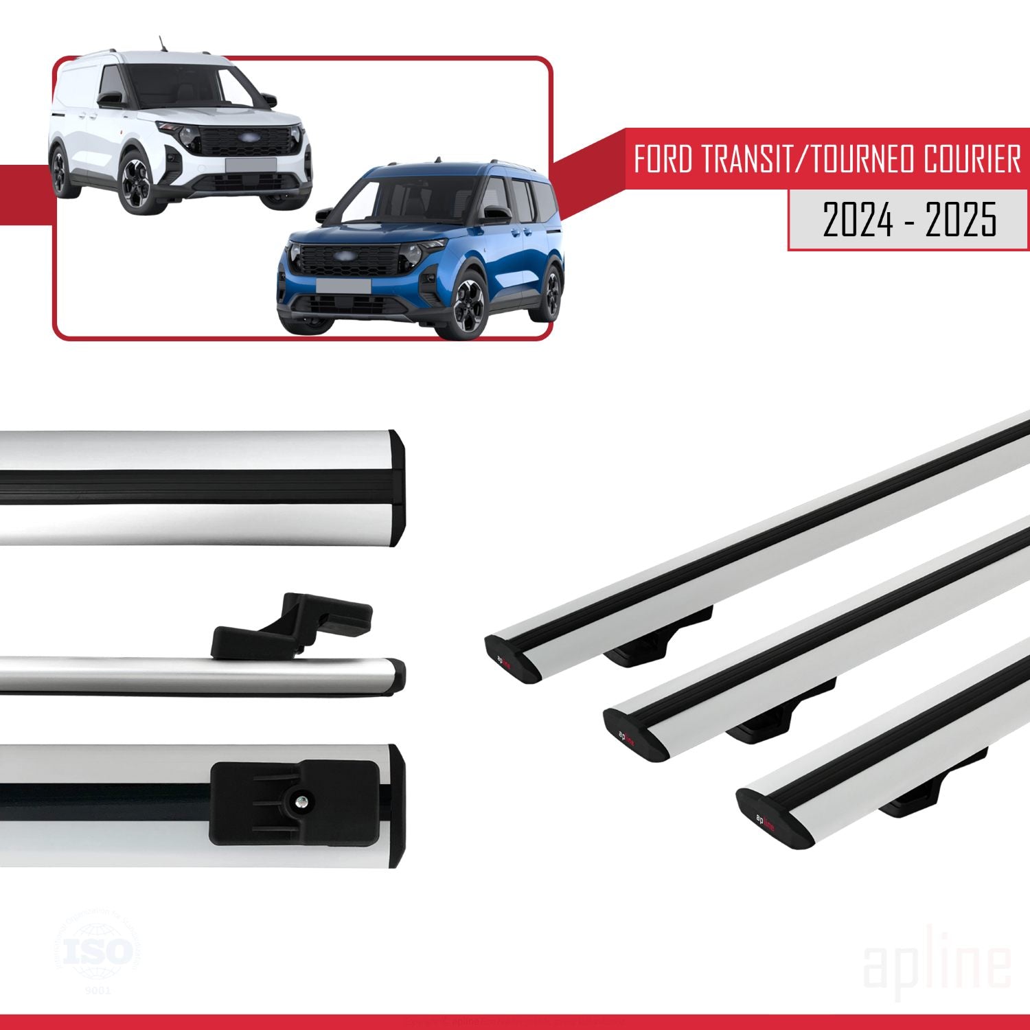 Compatible avec Ford Transit/Tourneo Courier 2024-2025 BASIC Model Barres de Toit Railing Porte-Bagages de Voiture Gris Aluminium 3 Barres