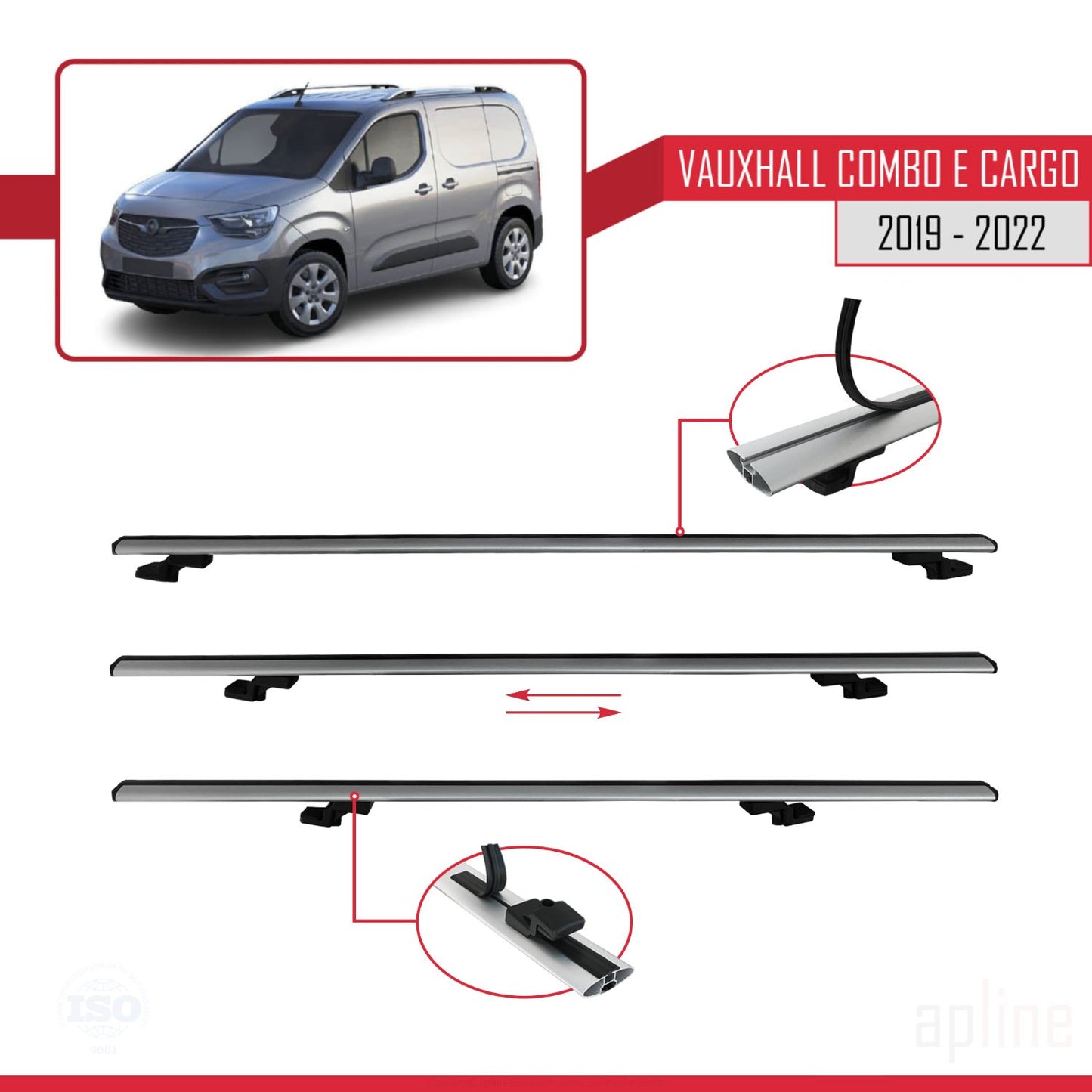 Compatible with Vauxhall Combo E Cargo 2019-2022 BASIC Model Car Roof Rack Cross Bar Grey Aluminium 2 Bars