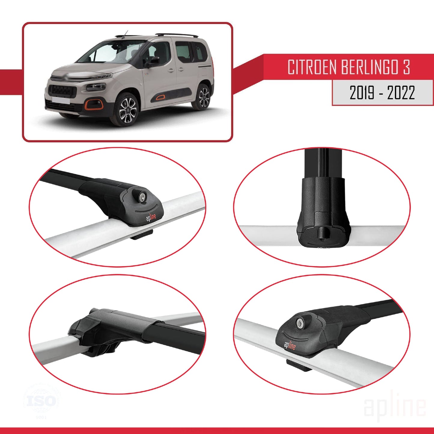 Compatible avec Citroen Berlingo 3 (K9) 2019-2022 ACE-1 Barres de Toit Railing Porte-Bagages de Voiture Noir Aluminium 3 Barres
