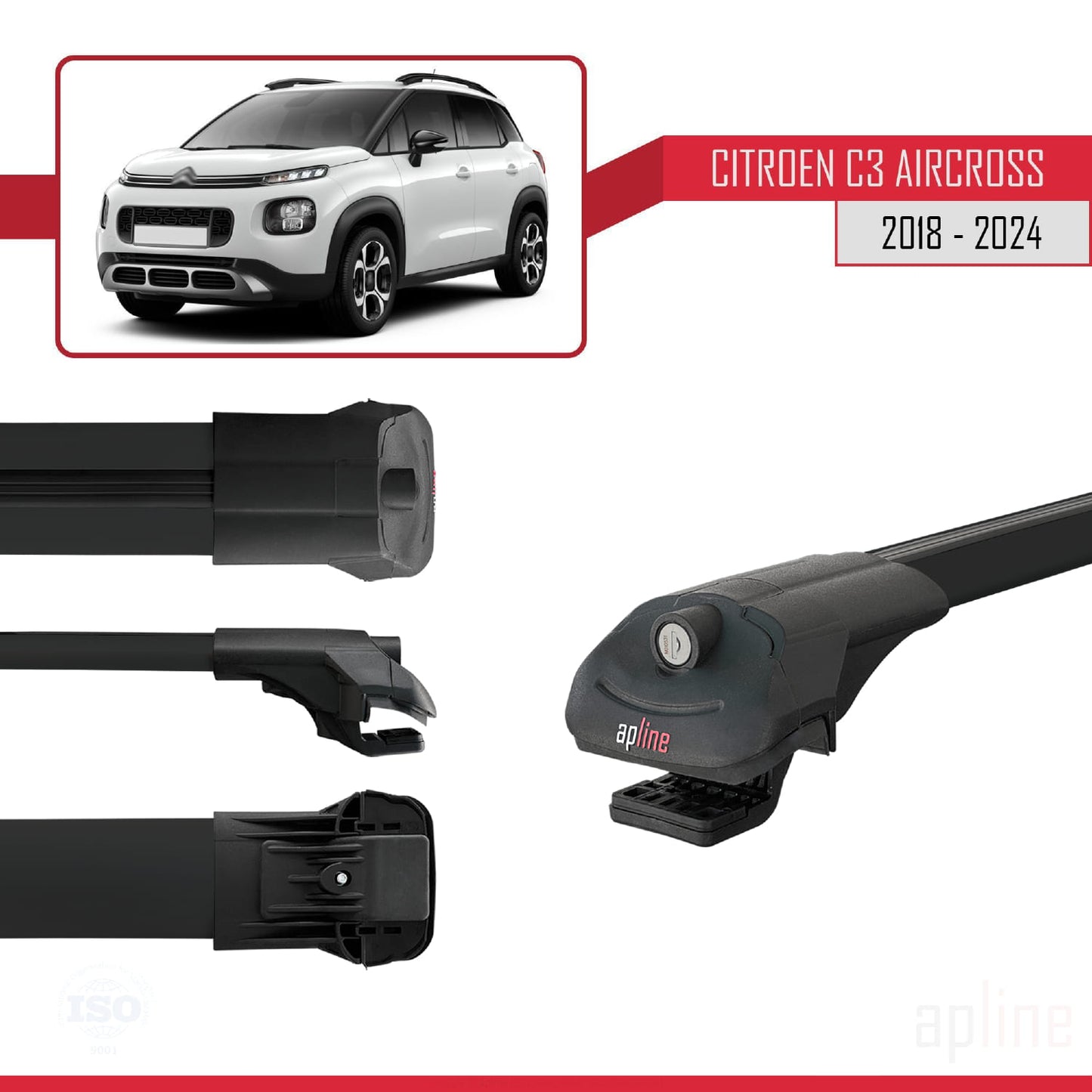 Compatible with Citroen C3 Aircross (A88) 2018-2024 ACE-1 Car Roof Rack Cross Bar Black Aluminium 2 Bars