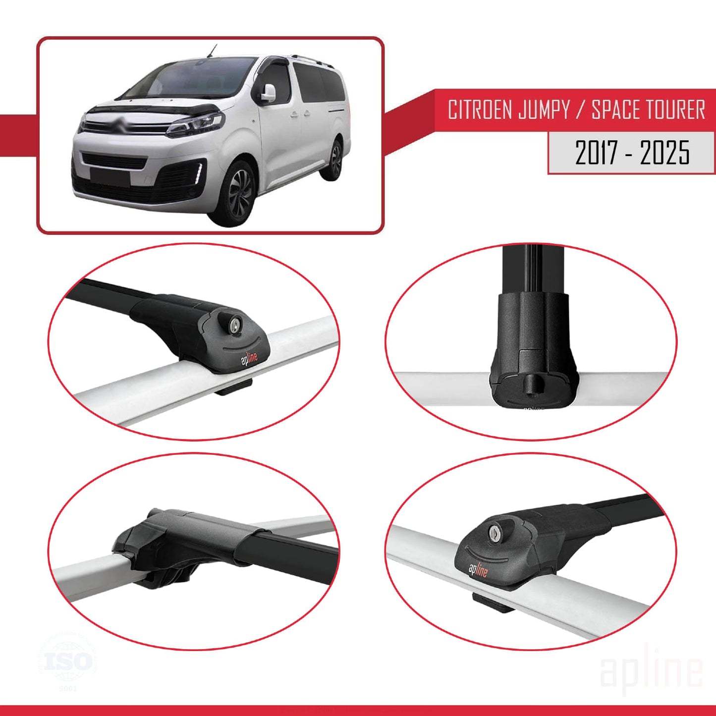 Compatible avec Citroen Jumpy 3 (K0) Space Tourer 2017-2025 ACE-1 Barres de Toit Railing Porte-Bagages de Voiture Noir Aluminium 3 Barres