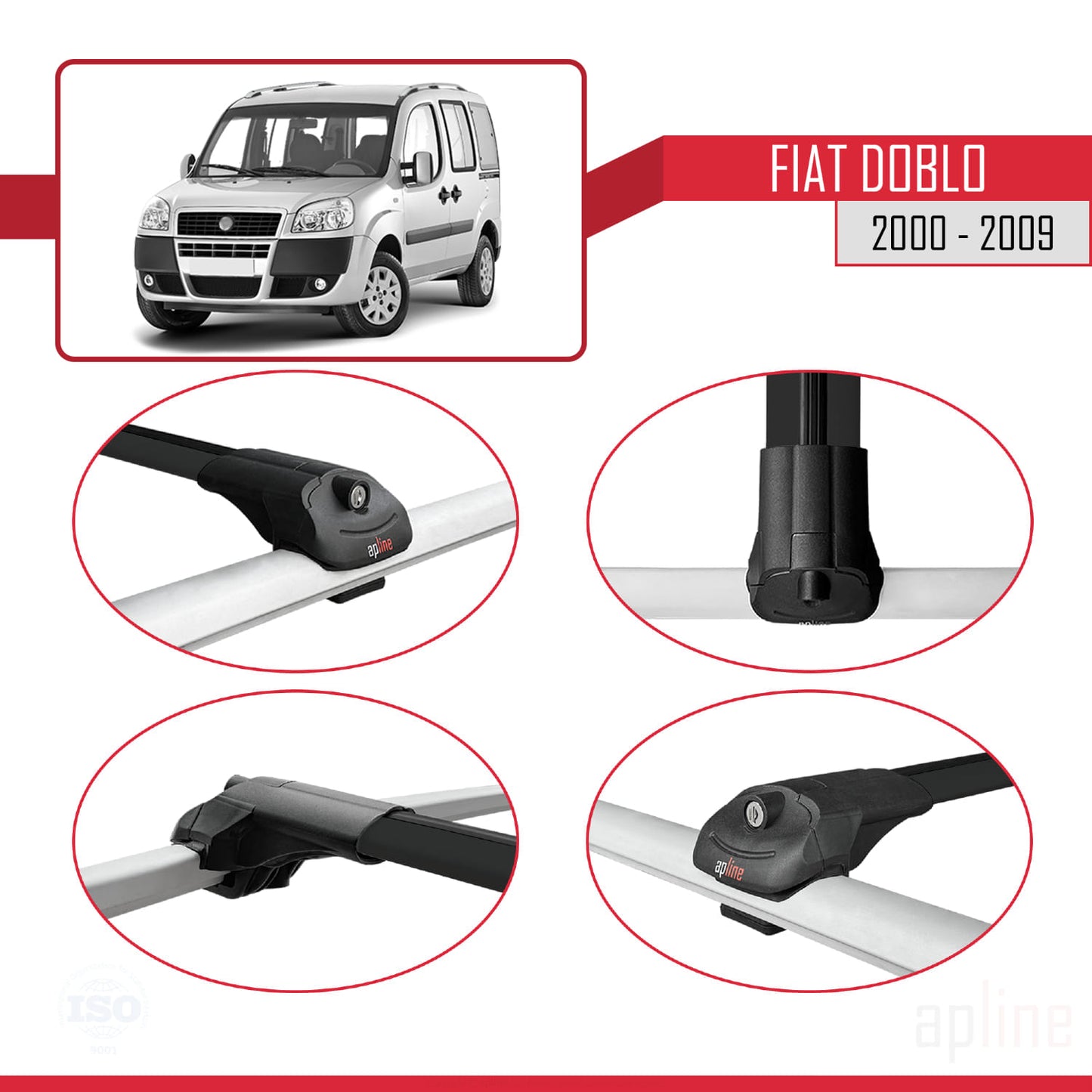 Compatible avec Fiat Doblo 2000-2009 V2 ACE-1 Barres de Toit Railing Porte-Bagages de Voiture Noir Aluminium 4 Barres