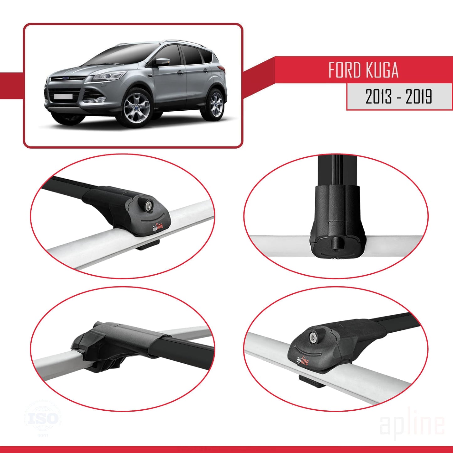 Compatible avec Ford Kuga 2 (C520) 2013-2019 ACE-1 Barres de Toit Railing Porte-Bagages de Voiture Noir Aluminium 3 Barres