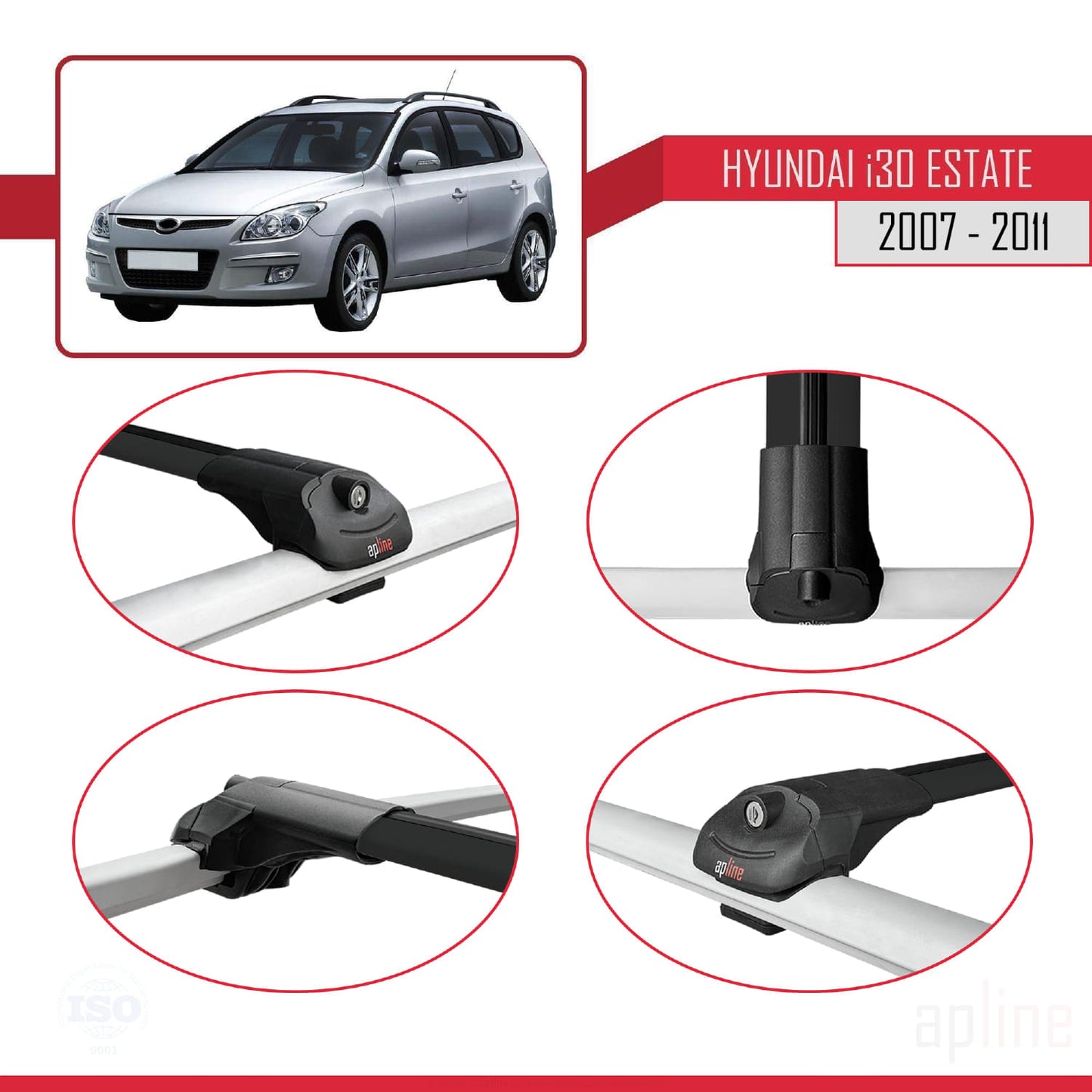 Compatible avec Hyundai i30 (FD) Break 2007-2011 ACE-1 Barres de Toit Railing Porte-Bagages de Voiture Noir Aluminium 2 Barres