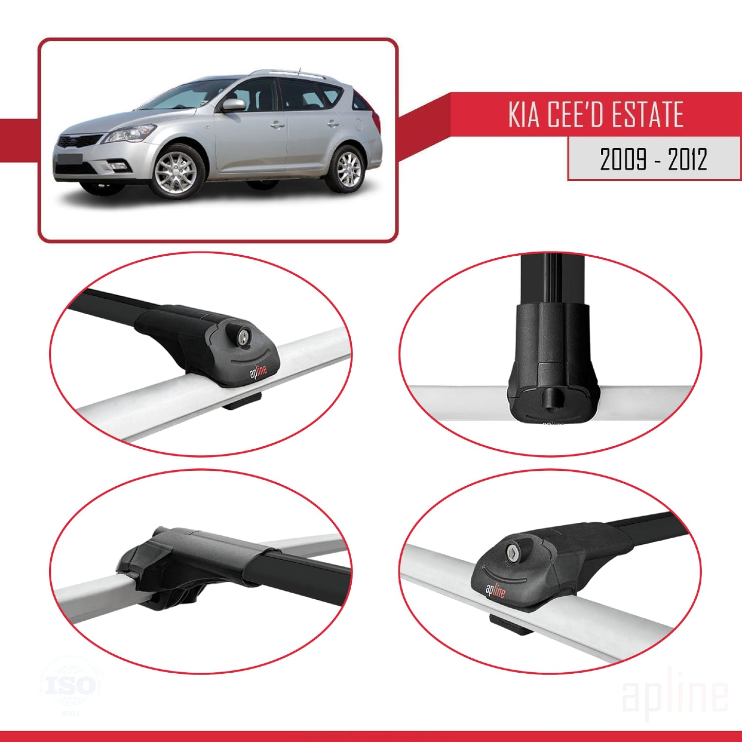 Compatible avec Kia Ceed (ED) Break Post-Facelift 2009-2012 ACE-1 Barres de Toit Railing Porte-Bagages de Voiture Noir Aluminium 3 Barres