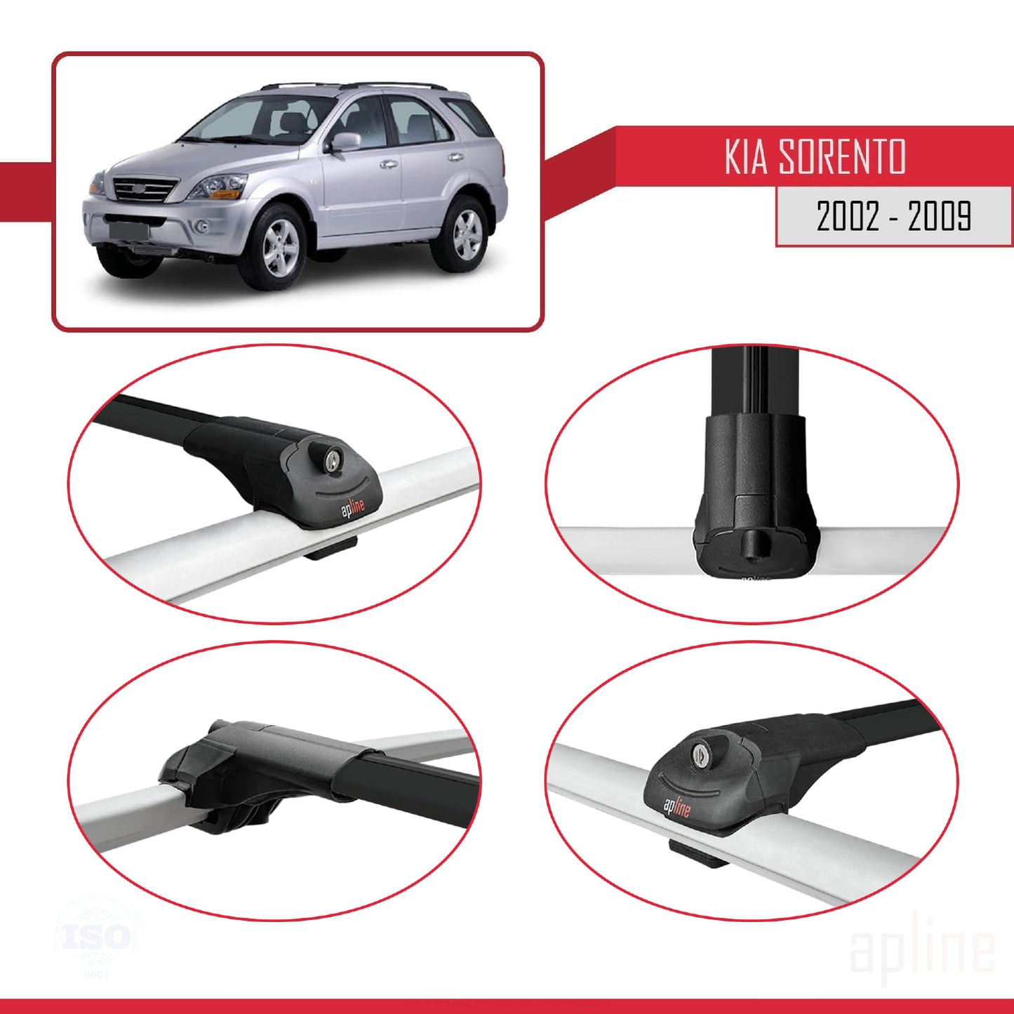 Compatible with Kia Sorento (BL) 2002-2009 ACE-1 Car Roof Rack Cross Bar Black Aluminium 3 Bars
