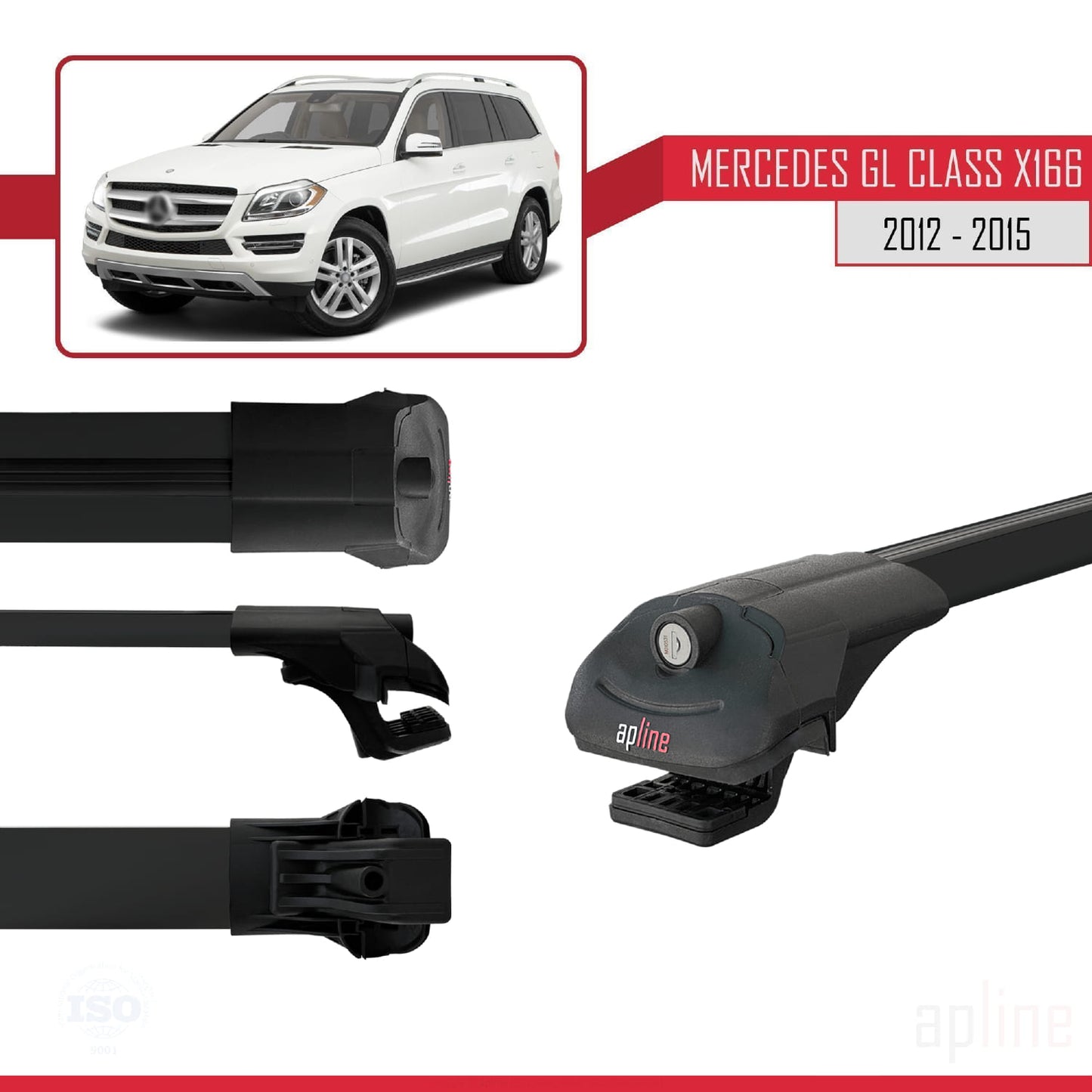 Compatible with Mercedes GL Class 2 (X166) Pre-Facelift 2013-2015 ACE-1 Car Roof Rack Cross Bar Black Aluminium 3 Bars