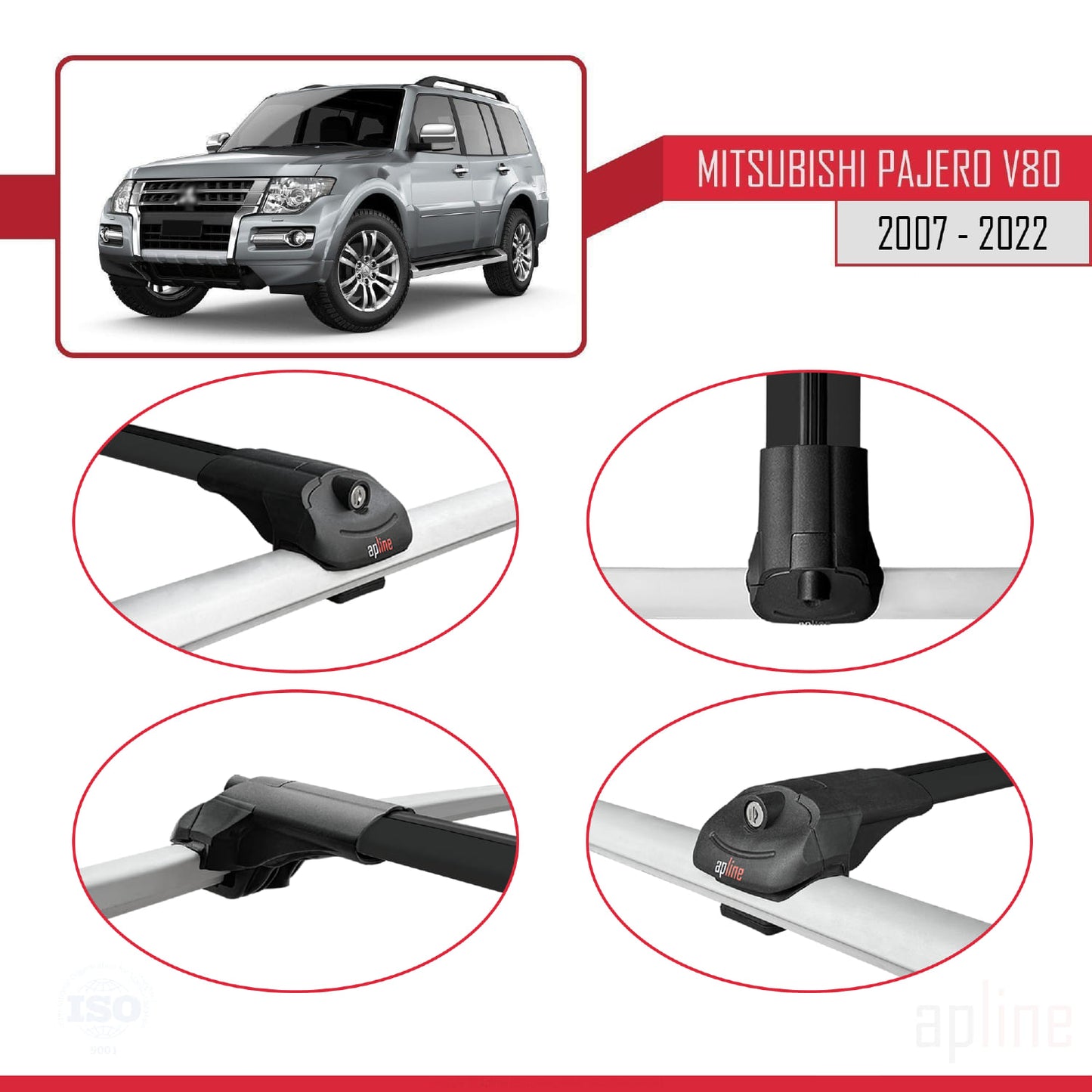 Compatible avec Mitsubishi Pajero (V80) 2007-2022 ACE-1 Barres de Toit Railing Porte-Bagages de Voiture Noir Aluminium 2 Barres