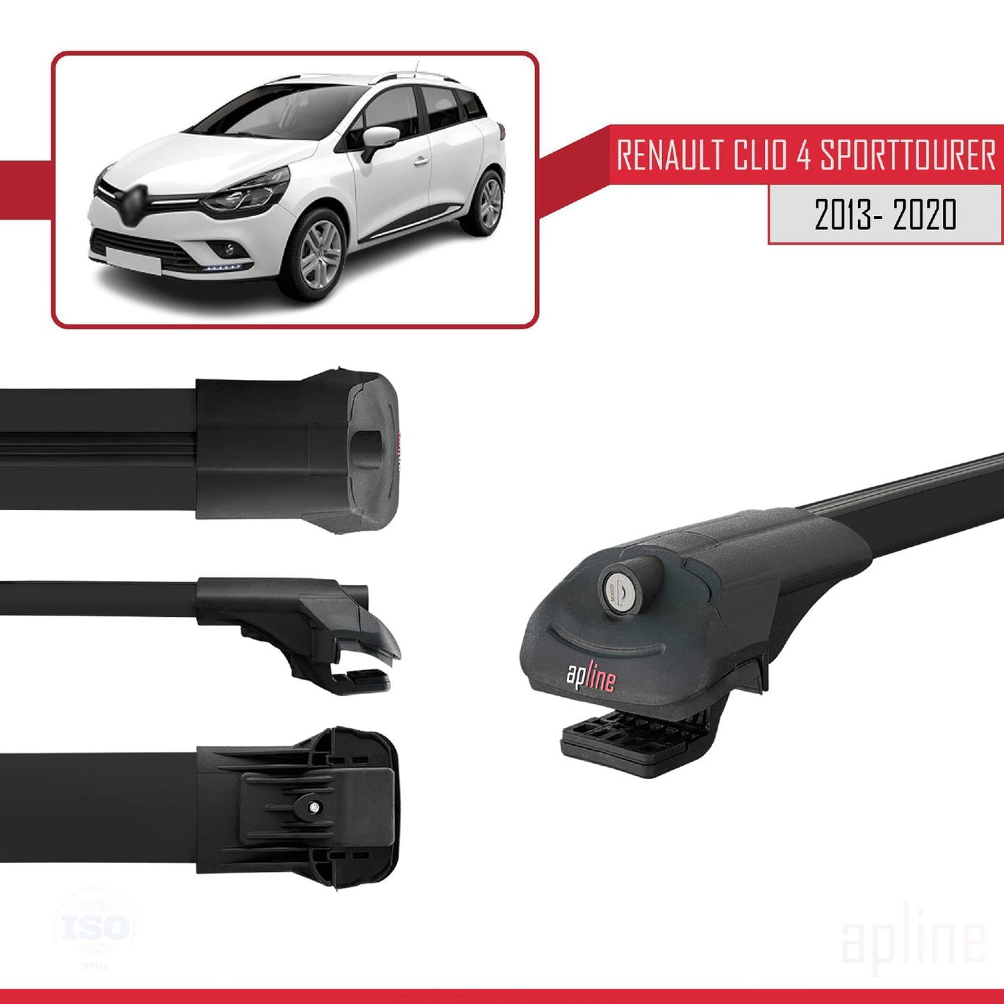 Compatible with Renault Clio 4 ST 2013-2020 ACE-1 Car Roof Rack Cross Bar Black Aluminium 2 Bars