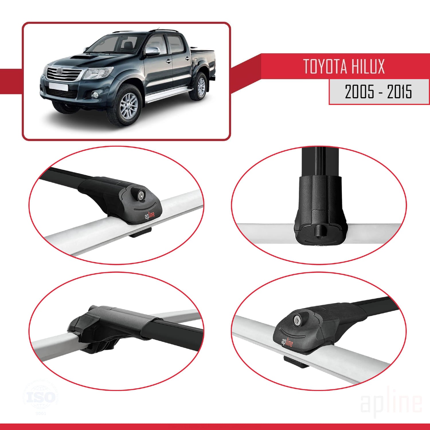 Compatible avec Toyota Hilux 7 (AN30) 2005-2015 ACE-1 Barres de Toit Railing Porte-Bagages de Voiture Noir Aluminium 3 Barres