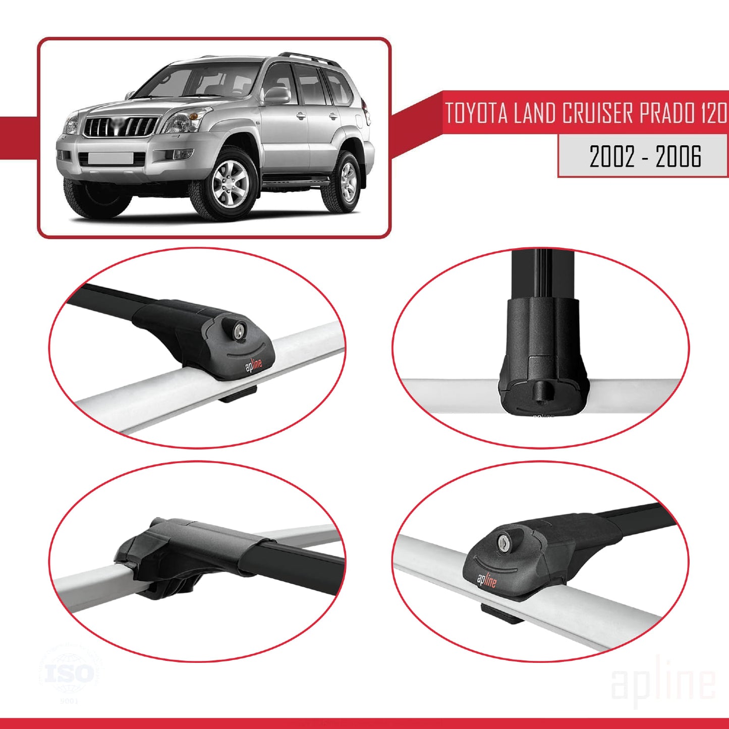 Compatible avec Toyota Land Cruiser Prado (J120) 2002-2006 ACE-1 Barres de Toit Railing Porte-Bagages de Voiture Noir Aluminium 3 Barres