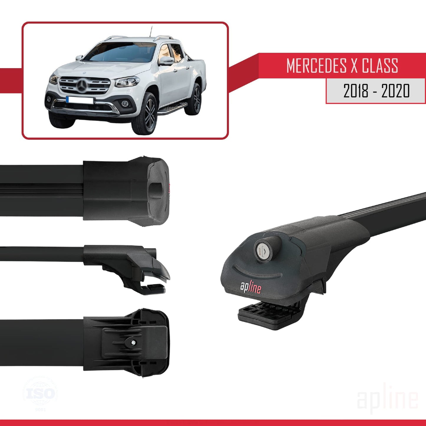 Compatible with Mercedes X Class (470) 2018-2020 ACE-1 Car Roof Rack Cross Bar Black Aluminium 2 Bars