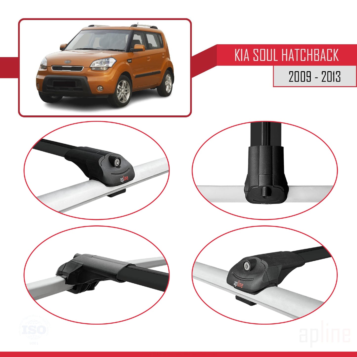 Compatible avec Kia Soul (AM) HB 2009-2013 ACE-1 Barres de Toit Railing Porte-Bagages de Voiture Noir Aluminium 2 Barres
