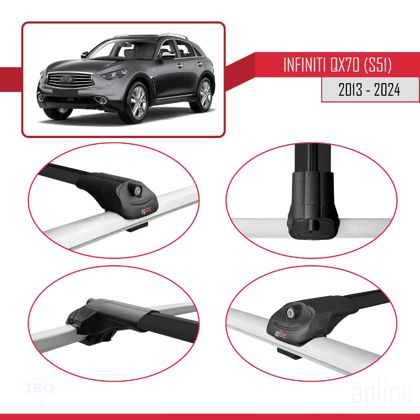 Compatible avec Infiniti QX70 (S51) 2013-2017 ACE-1 Barres de Toit Railing Porte-Bagages de Voiture Noir Aluminium 3 Barres