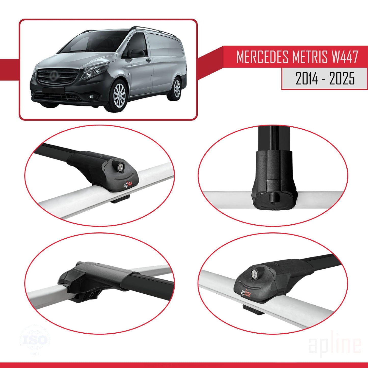 Compatible with Mercedes Metris (W447) 2014-2025 ACE-1 Car Roof Rack Cross Bar Black Aluminium 2 Bars