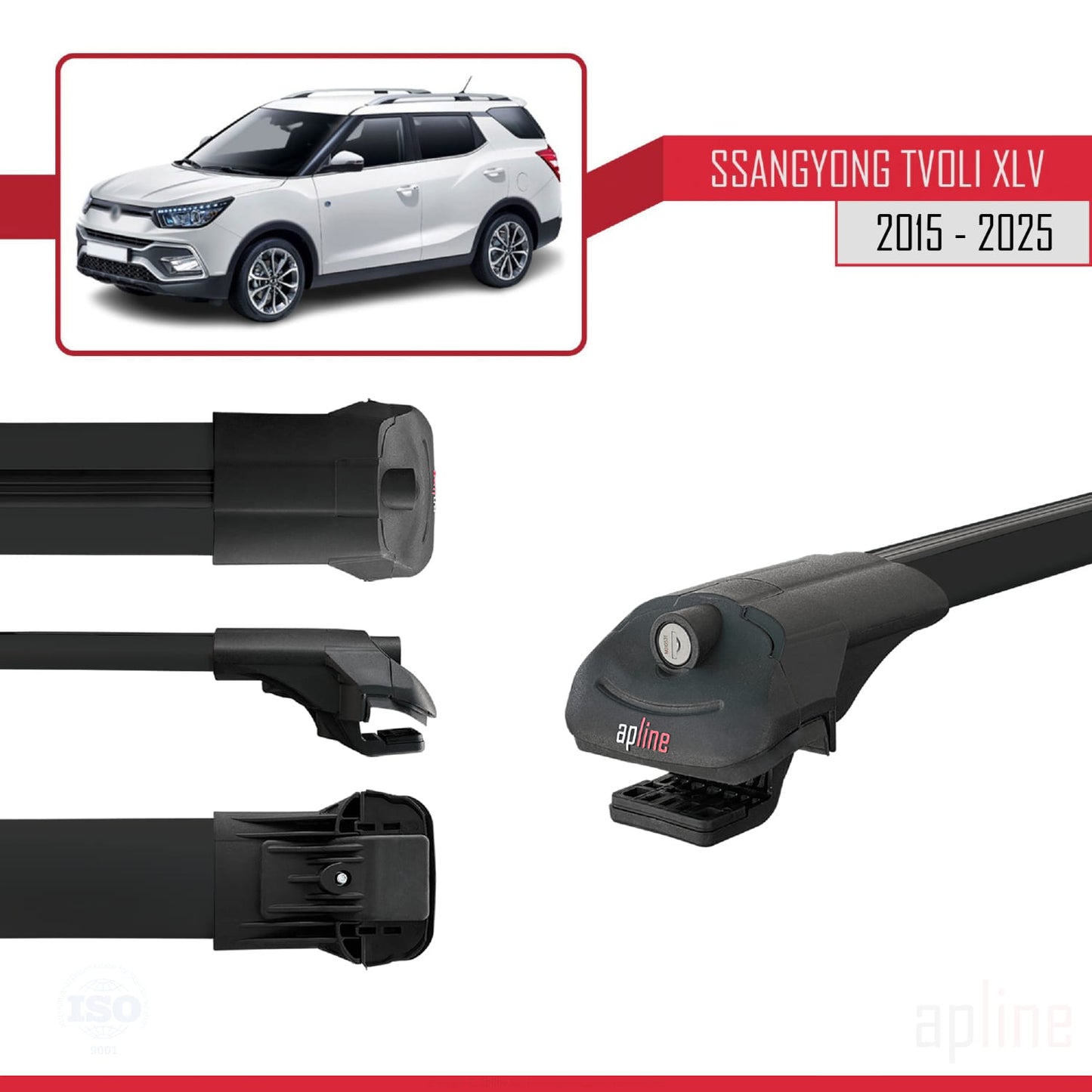Compatible with Ssangyong Tivoli XLV 2015-2025 ACE-1 Car Roof Rack Cross Bar Black Aluminium 2 Bars