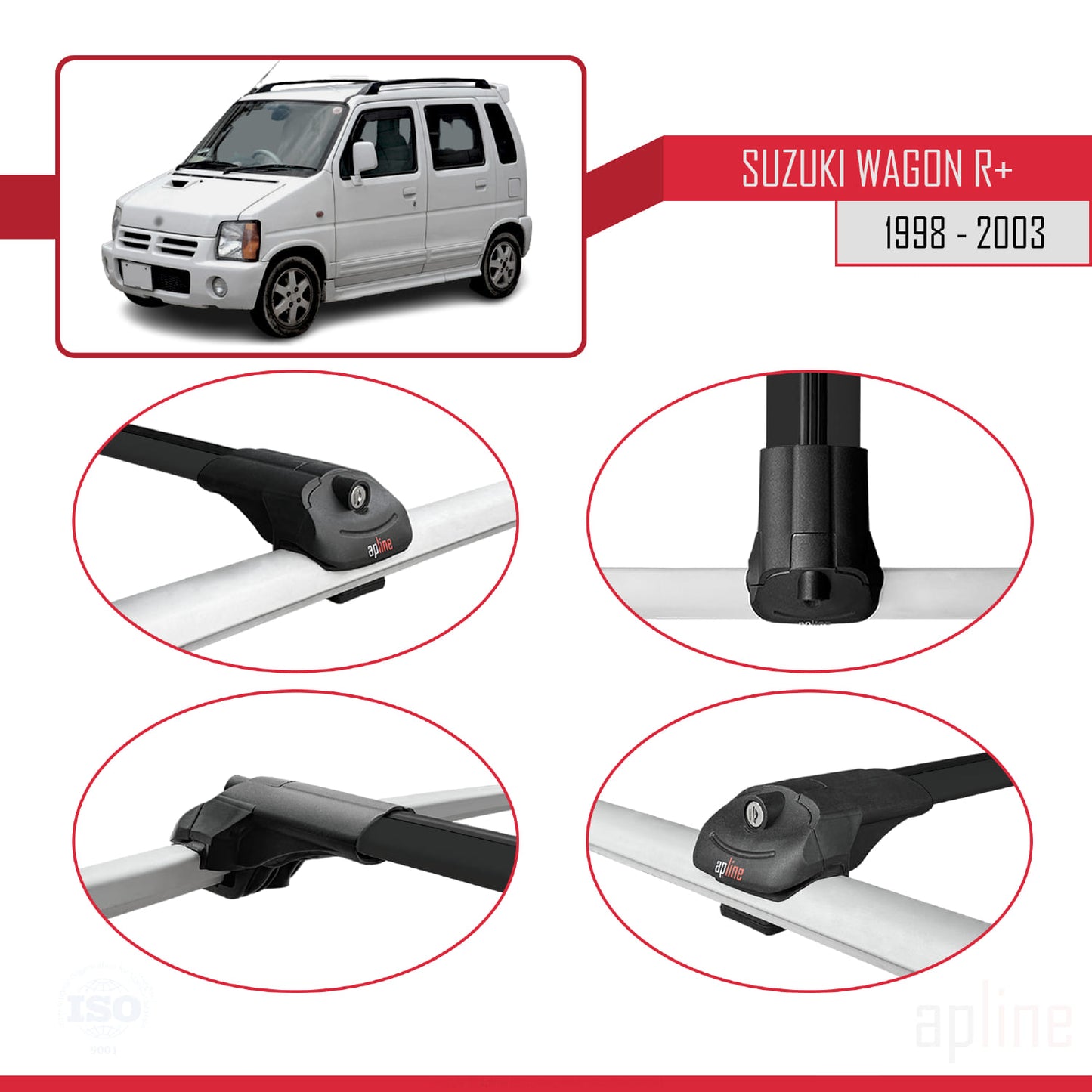 Compatible avec Suzuki Wagon R+ 1998-2003 ACE-1 Barres de Toit Railing Porte-Bagages de Voiture Noir Aluminium 3 Barres