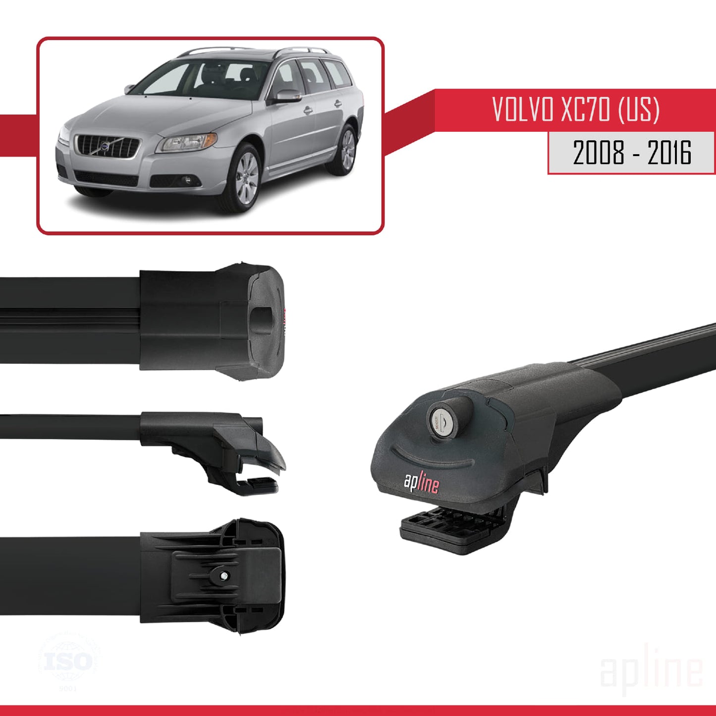 Compatible avec Volvo XC70 II (P24) 2008-2016 ACE-1 Barres de Toit Railing Porte-Bagages de Voiture Noir Aluminium 2 Barres