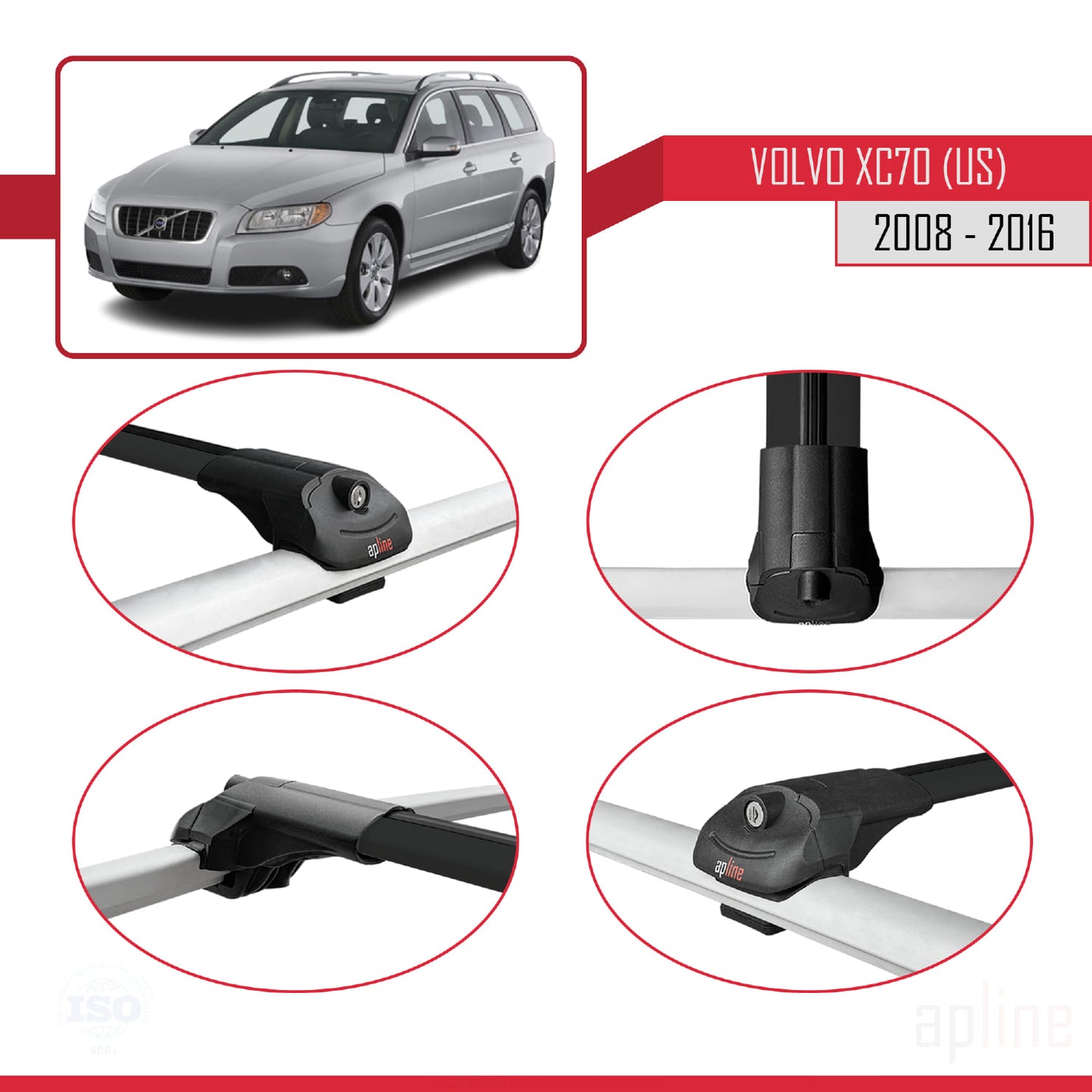 Compatible avec Volvo XC70 II (P24) 2008-2016 ACE-1 Barres de Toit Railing Porte-Bagages de Voiture Noir Aluminium 2 Barres