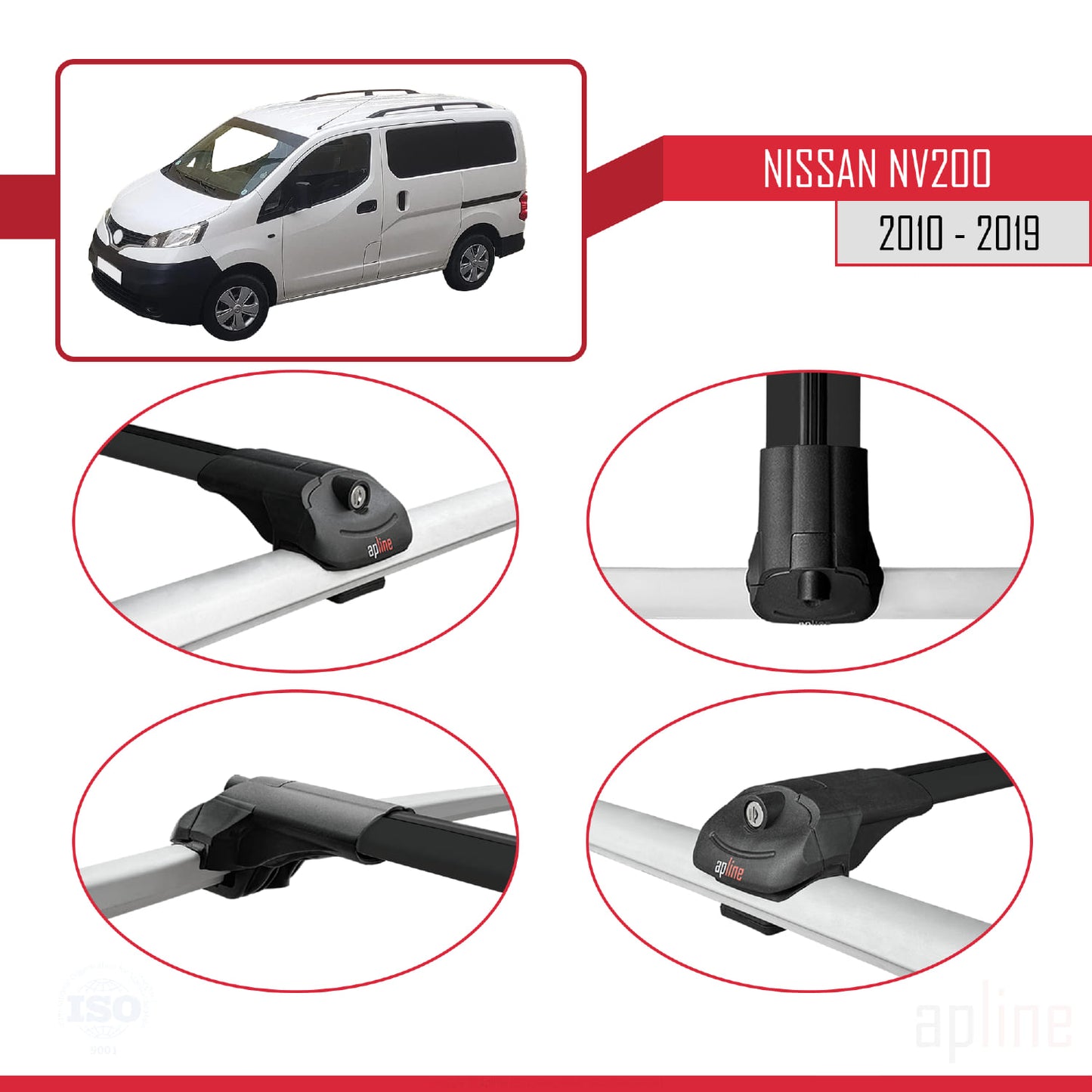 Compatible avec Nissan NV200 (M20) 2010-2019 ACE-1 Barres de Toit Railing Porte-Bagages de Voiture Noir Aluminium 3 Barres