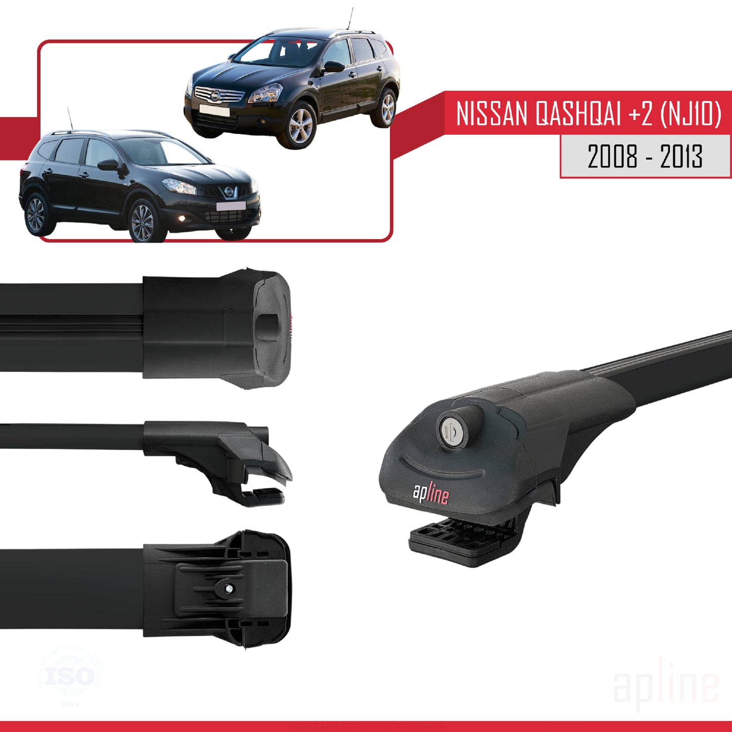 Compatible avec Nissan Qashqai +2 (NJ10) 2008-2013 ACE-1 Barres de Toit Railing Porte-Bagages de Voiture Noir Aluminium 3 Barres