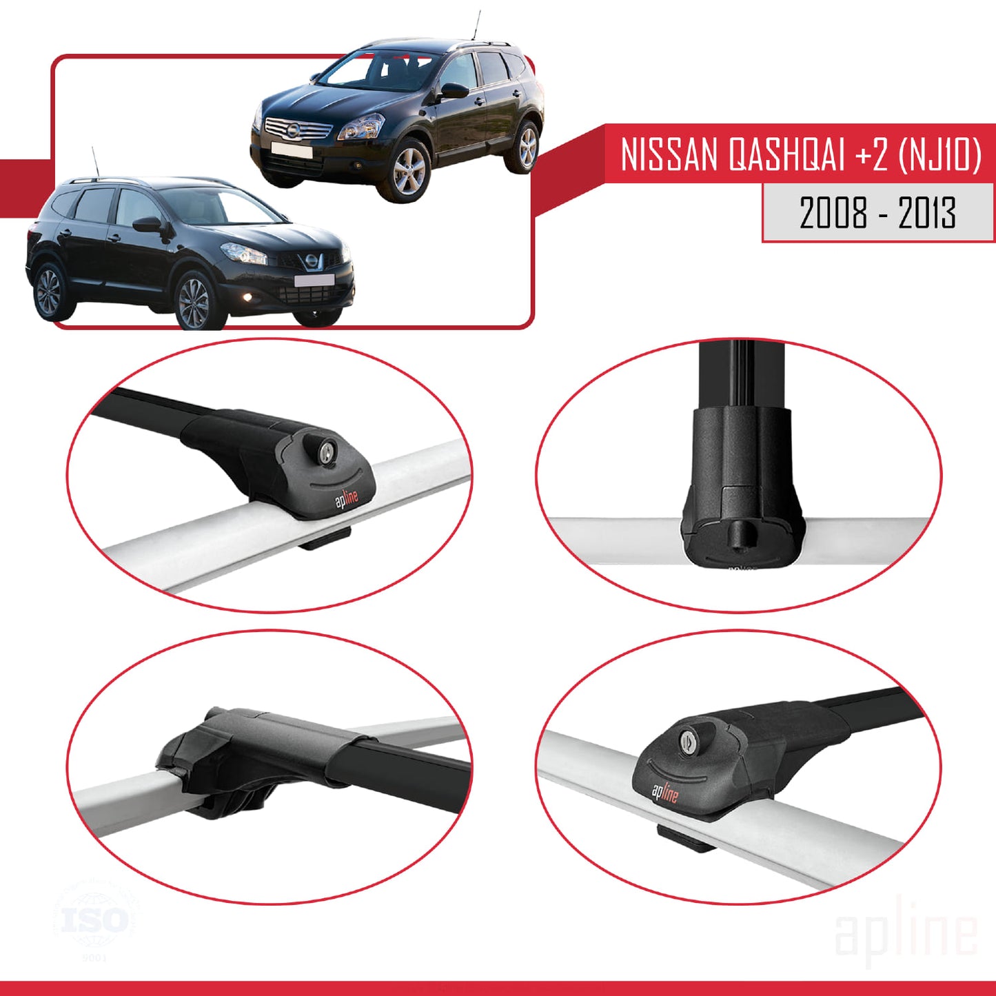 Compatible avec Nissan Qashqai +2 (NJ10) 2008-2013 ACE-1 Barres de Toit Railing Porte-Bagages de Voiture Noir Aluminium 2 Barres