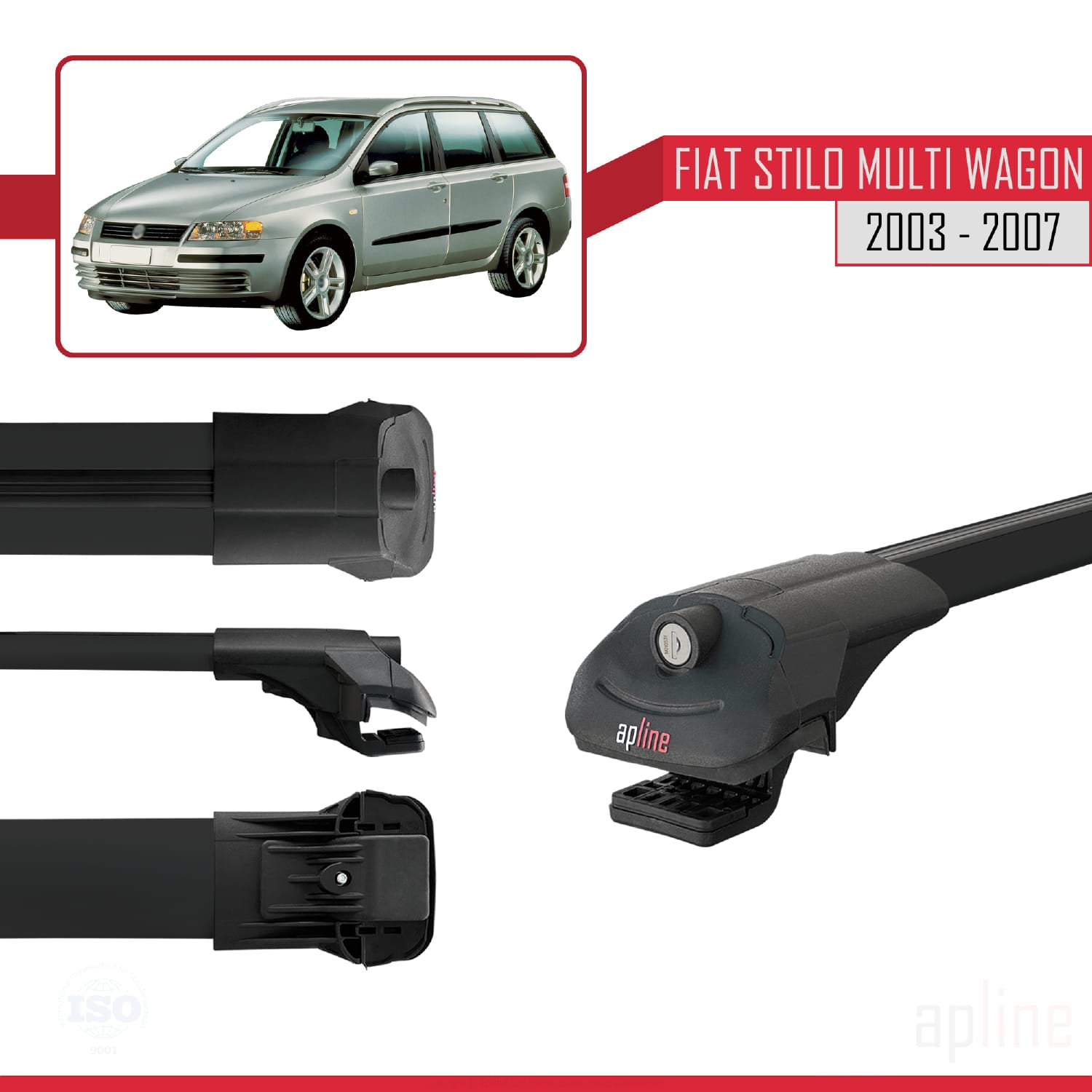 Compatible avec Fiat Stilo Multi Wagon 2003-2007 ACE-1 Barres de Toit Railing Porte-Bagages de Voiture Noir Aluminium 3 Barres