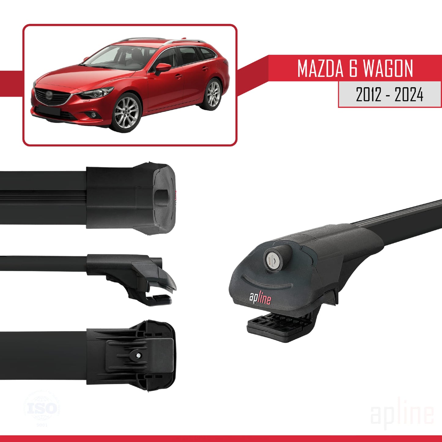 Compatible avec Mazda 6 Wagon 2012-2024 ACE-1 Barres de Toit Railing Porte-Bagages de Voiture Noir Aluminium 2 Barres