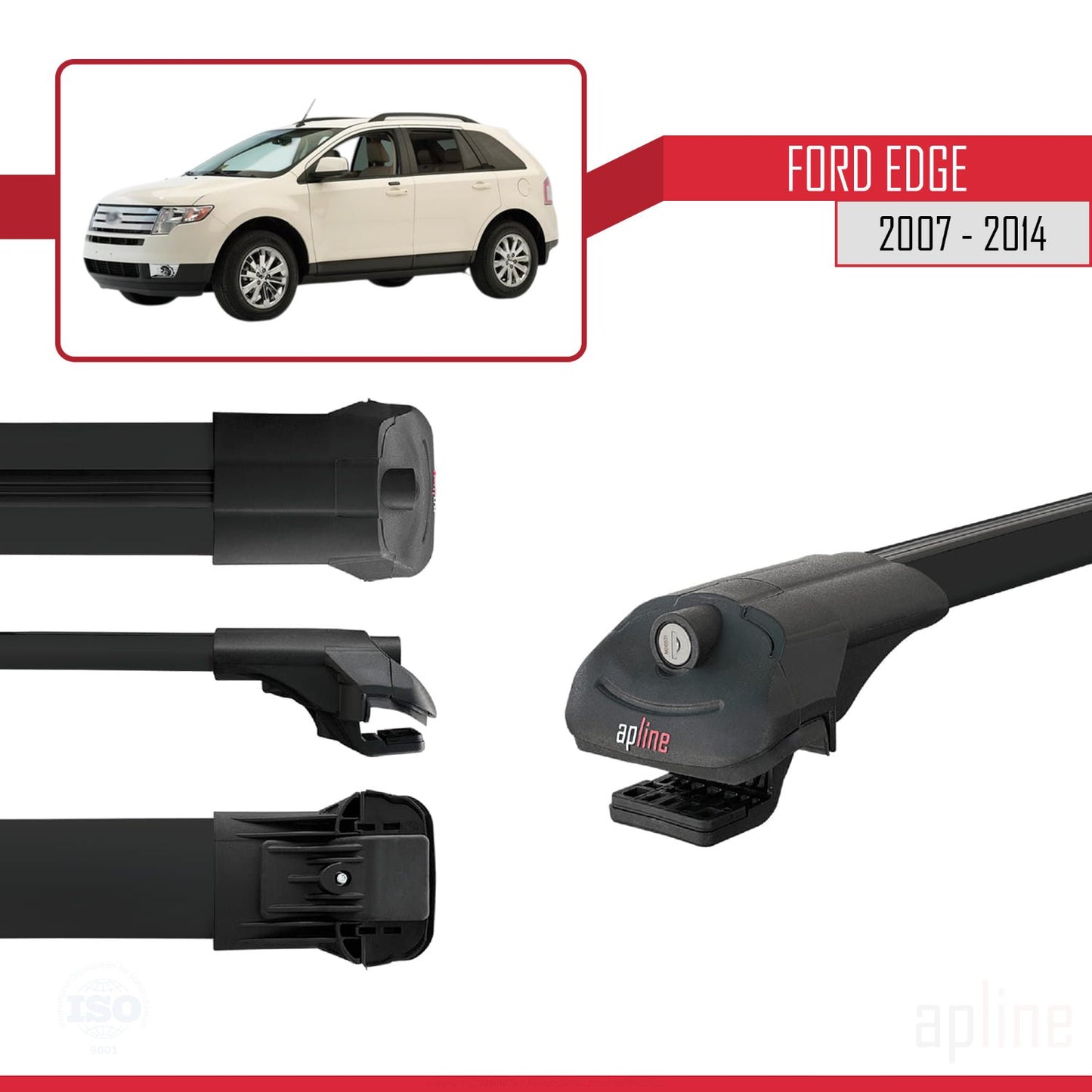 Compatible avec Ford Edge 2007-2014 ACE-1 Barres de Toit Railing Porte-Bagages de Voiture Noir Aluminium 3 Barres