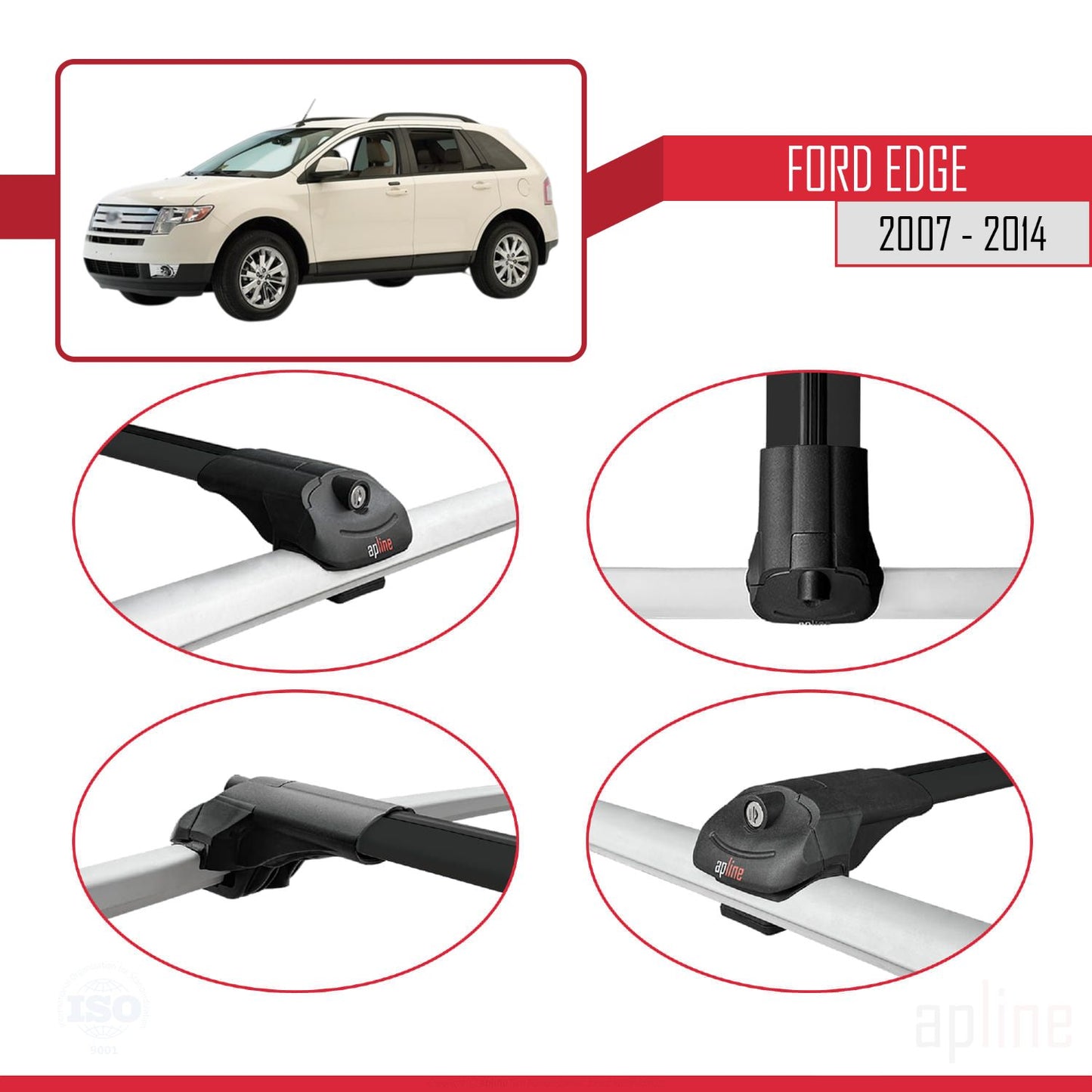 Compatible avec Ford Edge 2007-2014 ACE-1 Barres de Toit Railing Porte-Bagages de Voiture Noir Aluminium 2 Barres