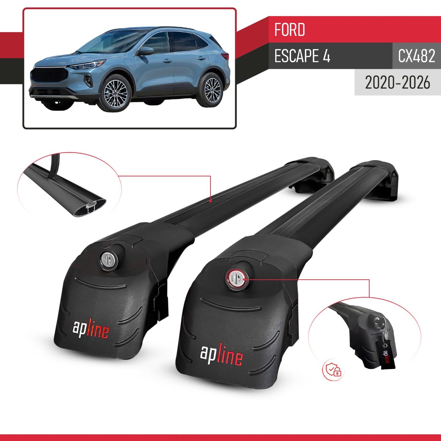 Compatible avec Ford Escape 4 (CX482) 2020-2026 ACE-2 modèle Barres de Toit Railing Porte-Bagages de Voiture Noir Aluminium Barres
