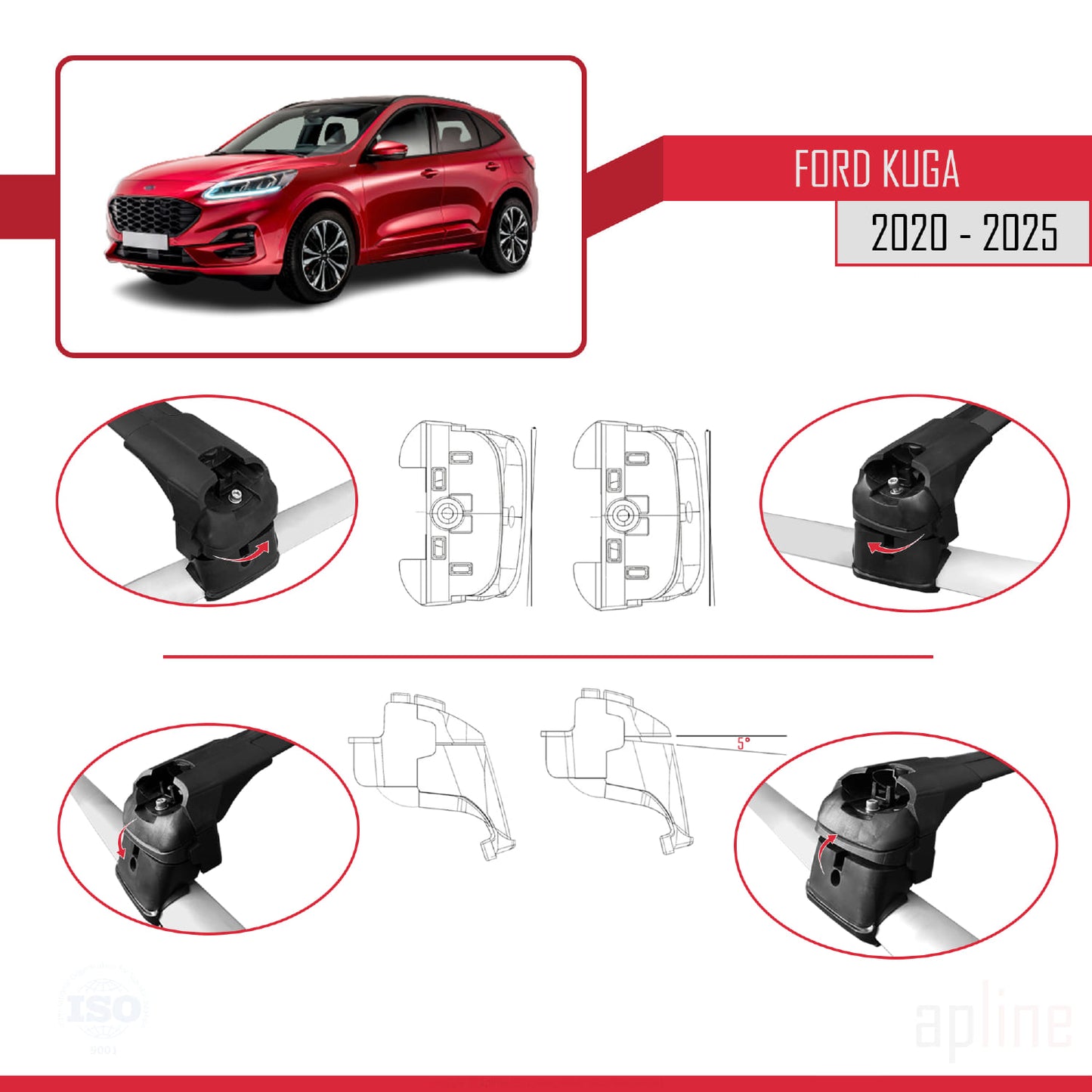 Compatible with Ford Kuga 3 (CX482) 2020-2025 ACE-2 Car Roof Rack Cross Bar Black Aluminium 2 Bars