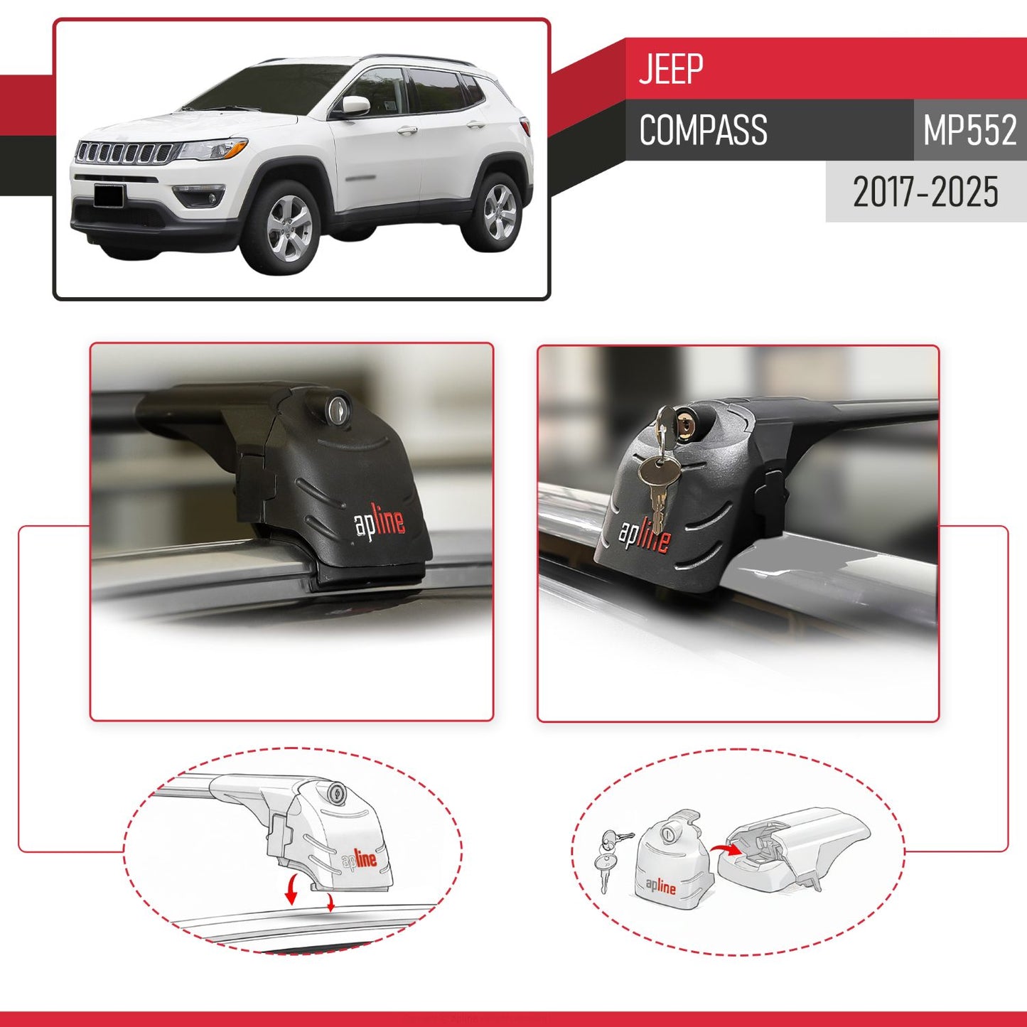Compatible with Jeep Compass 2017-2025 ACE-2 Car Roof Rack Cross Bar Black Aluminium 2 Bars