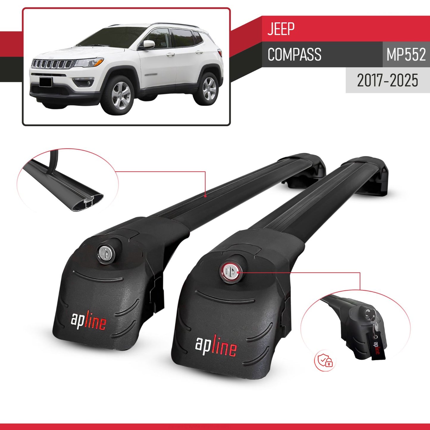 Compatible with Jeep Compass 2017-2025 ACE-2 Car Roof Rack Cross Bar Black Aluminium 2 Bars