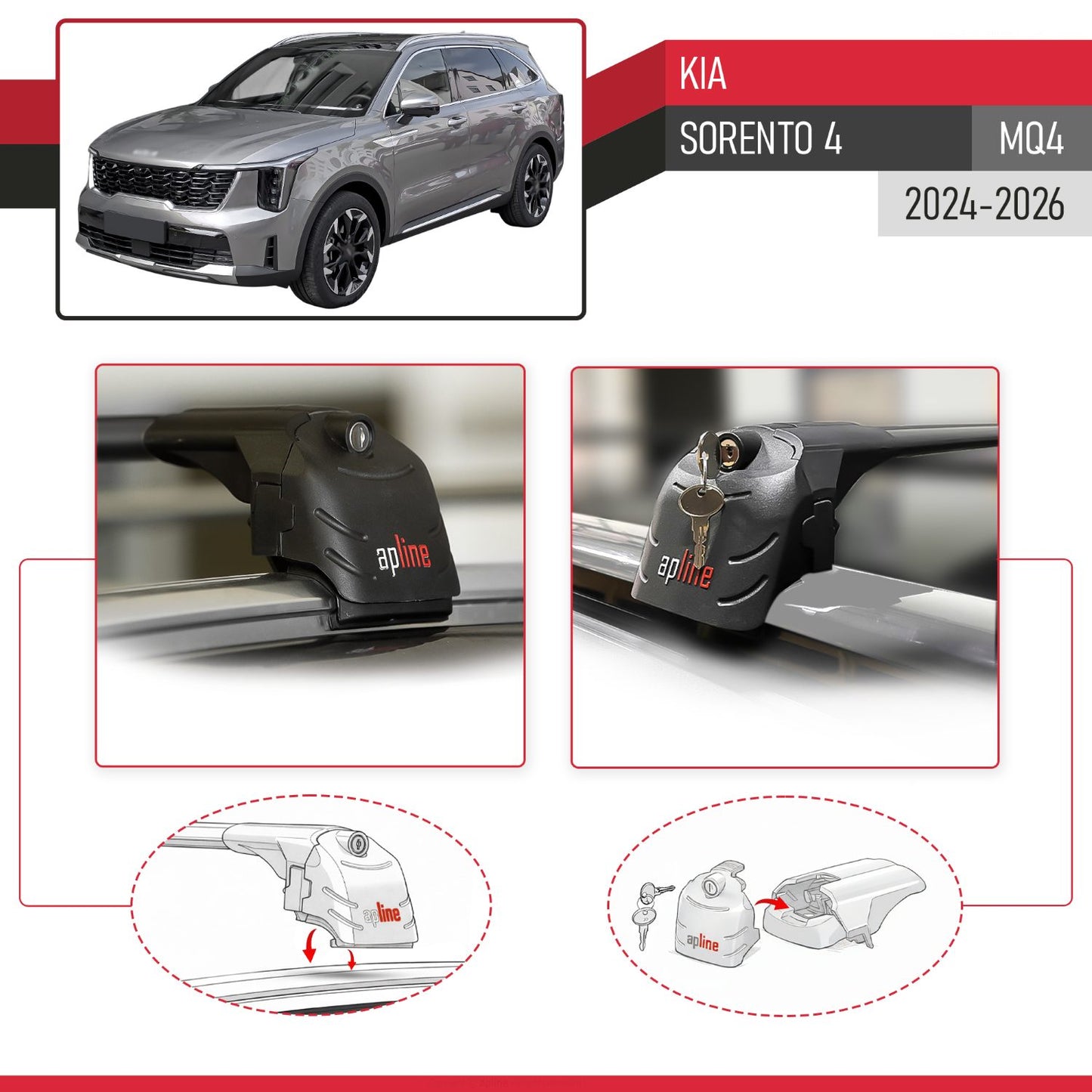 Compatible avec Kia Sorento 4 (MQ4) Post-Facelift 2024-2026 ACE-2 modèle Barres de Toit Railing Porte-Bagages de Voiture Noir Aluminium Barres