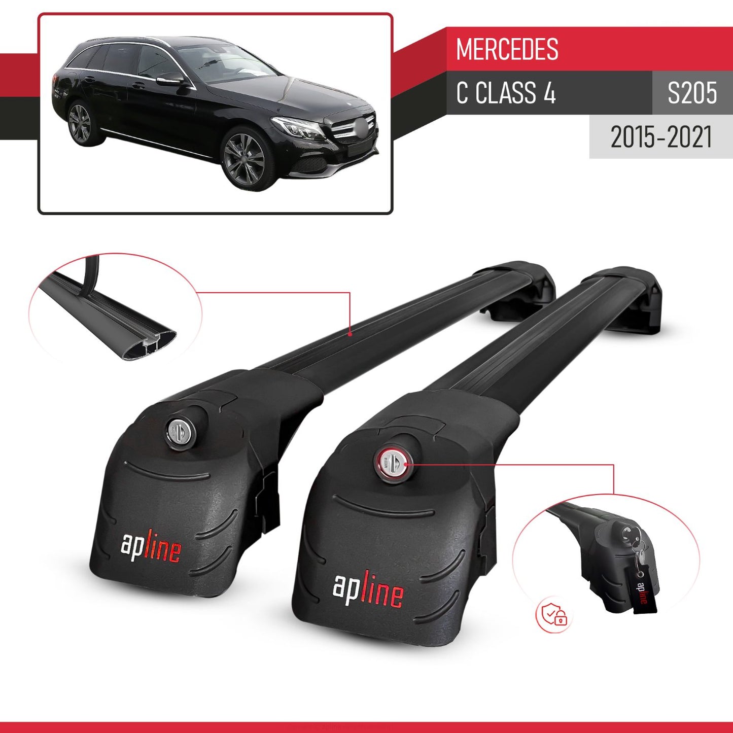 Compatible avec Mercedes C Class 4 (S205) 2015-2021 ACE-2 modèle Barres de Toit Railing Porte-Bagages de Voiture Noir Aluminium Barres