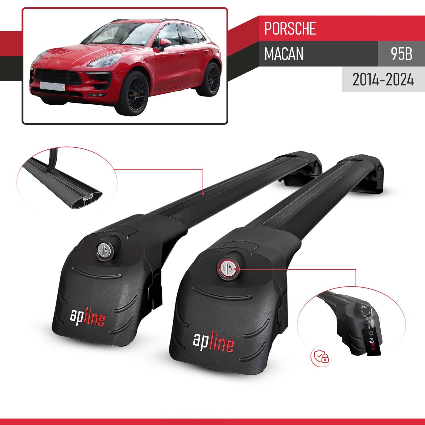 Compatible with Porsche Macan (95B) 2014-2024 ACE-2 Car Roof Rack Cross Bar Black Aluminium 2 Bars