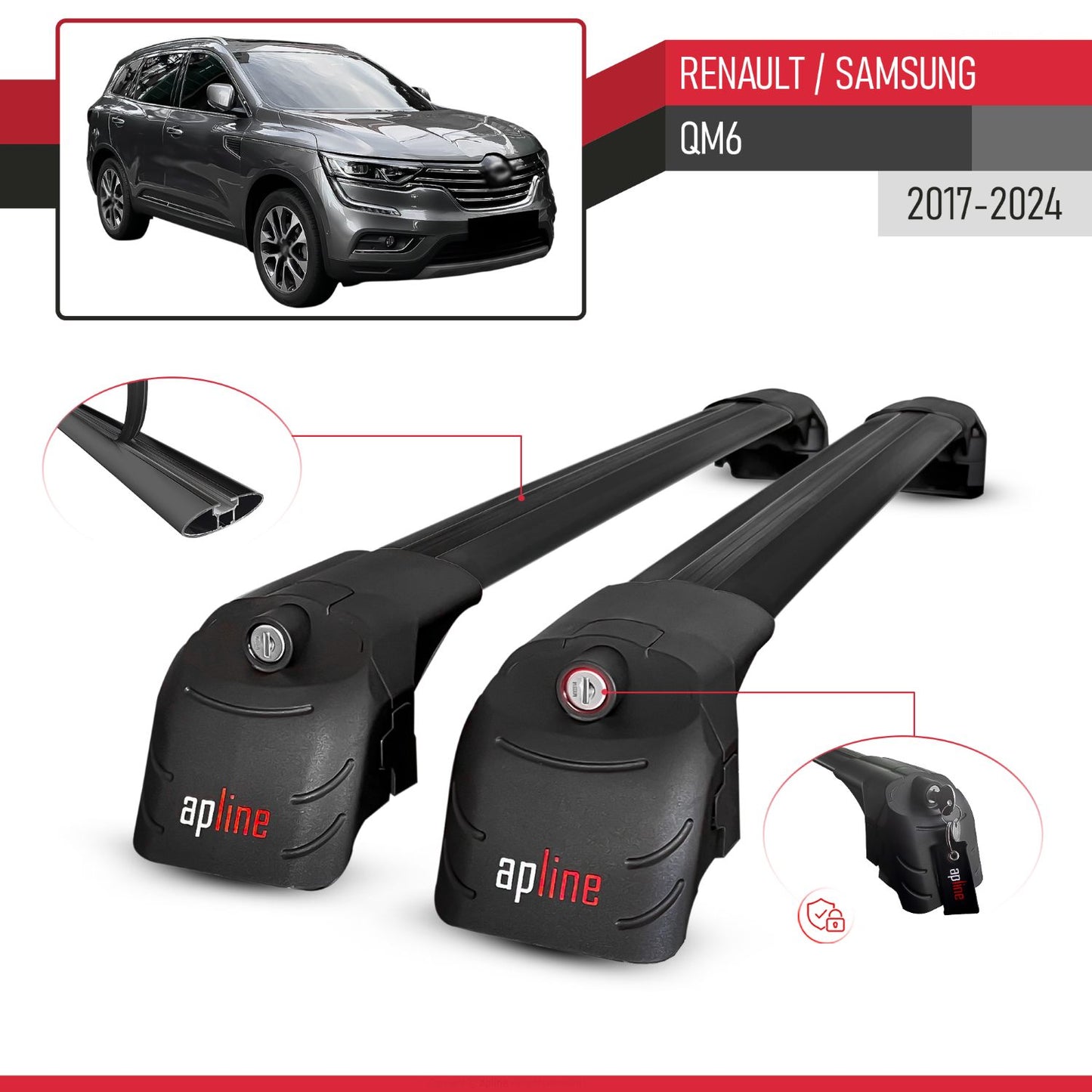 Compatible avec Renault Samsung QM6 2017-2024 ACE-2 modèle Barres de Toit Railing Porte-Bagages de Voiture Noir Aluminium Barres