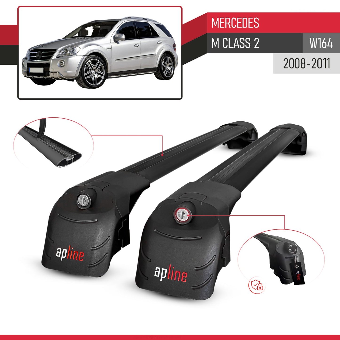 Compatible avec Mercedes M Class 2 (W164) Post-Facelift 2008-2011 ACE-2 modèle Barres de Toit Railing Porte-Bagages de Voiture Noir Aluminium Barres