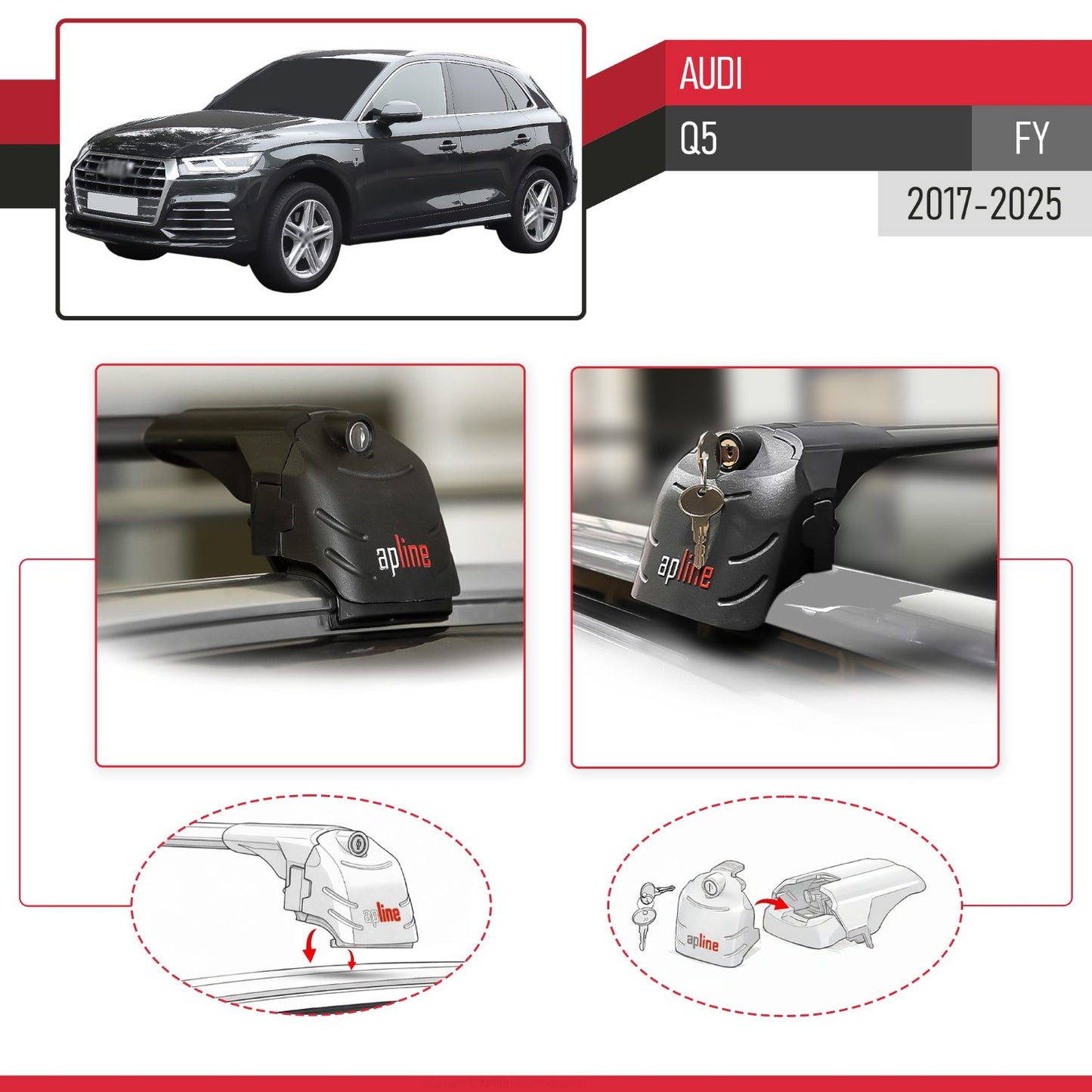 Compatible avec Audi Q5 (FY) 2017-2025 ACE-2 modèle Barres de Toit Railing Porte-Bagages de Voiture Noir Aluminium Barres