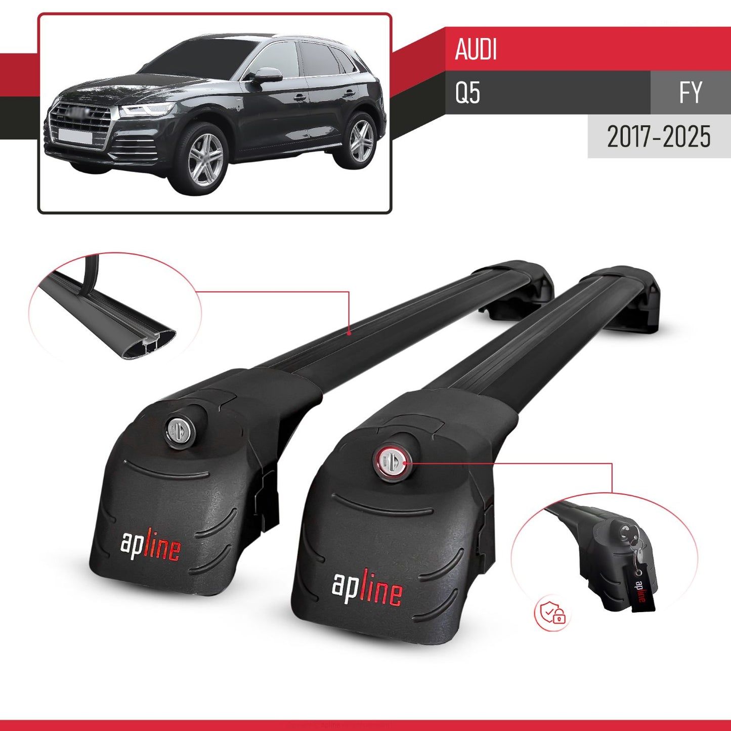 Compatible avec Audi Q5 (FY) 2017-2025 ACE-2 modèle Barres de Toit Railing Porte-Bagages de Voiture Noir Aluminium Barres