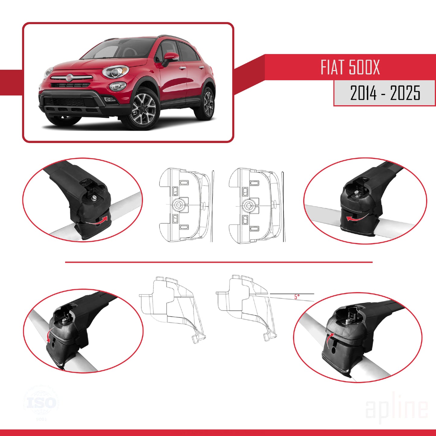 Compatible avec Fiat 500 X 2014-2025 ACE-2 Barres de Toit Railing Porte-Bagages de Voiture Noir Aluminium 2 Barres