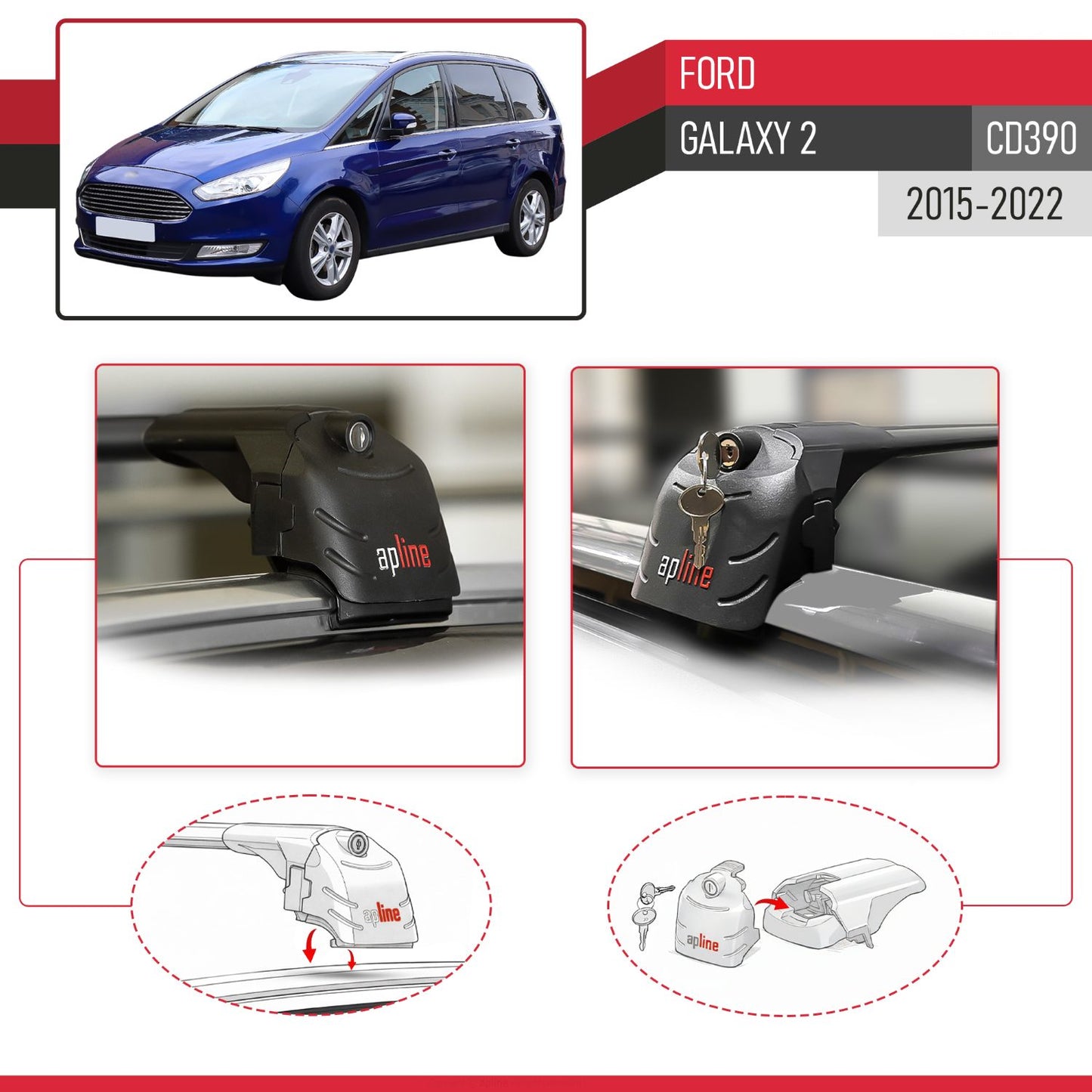 Compatible with Ford Galaxy 2 (CD390) 2015-2022 ACE-2 Car Roof Rack Cross Bar Black Aluminium 2 Bars