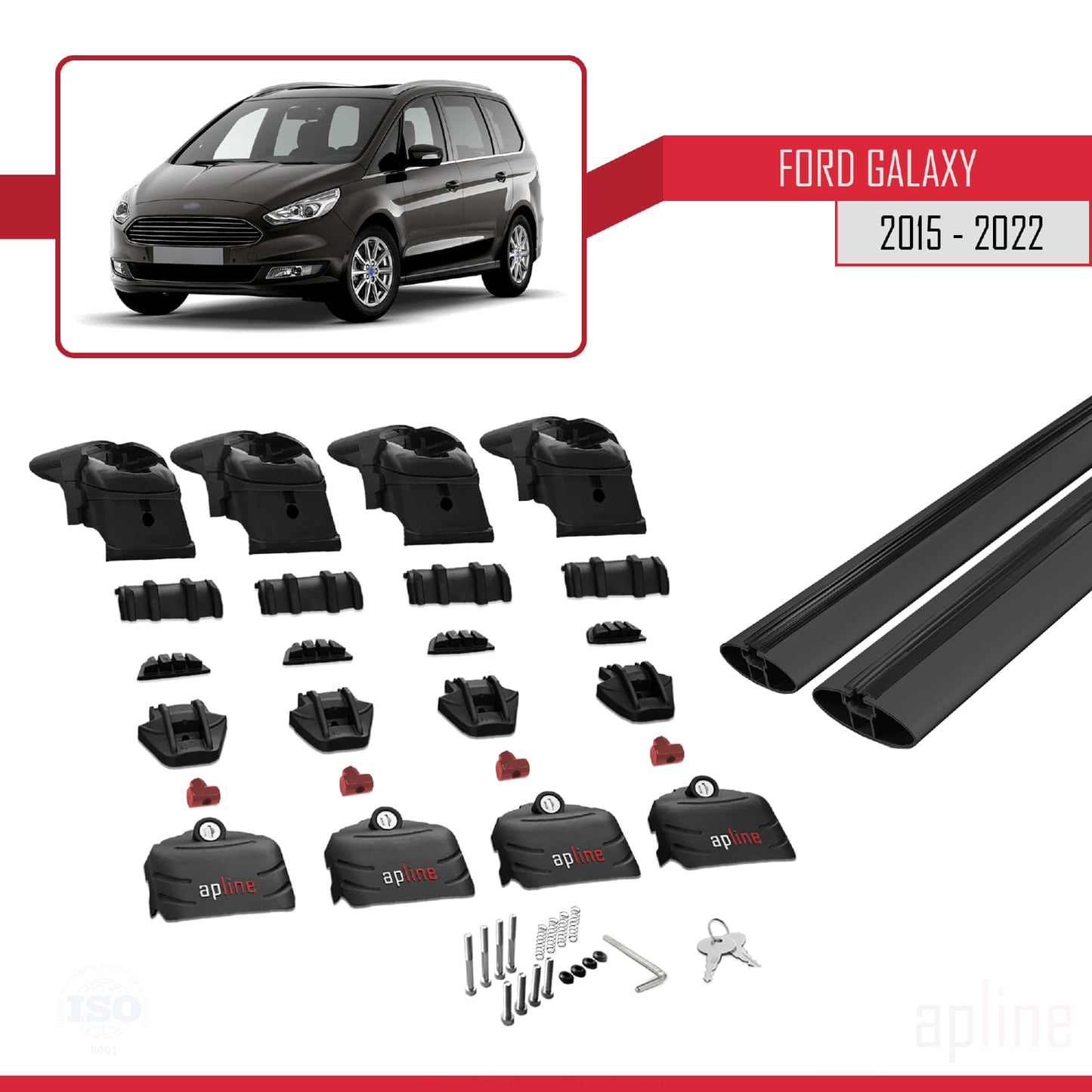 Compatible avec Ford Galaxy 2 (CD390) 2015-2022 ACE-2 Barres de Toit Railing Porte-Bagages de Voiture Noir Aluminium 2 Barres