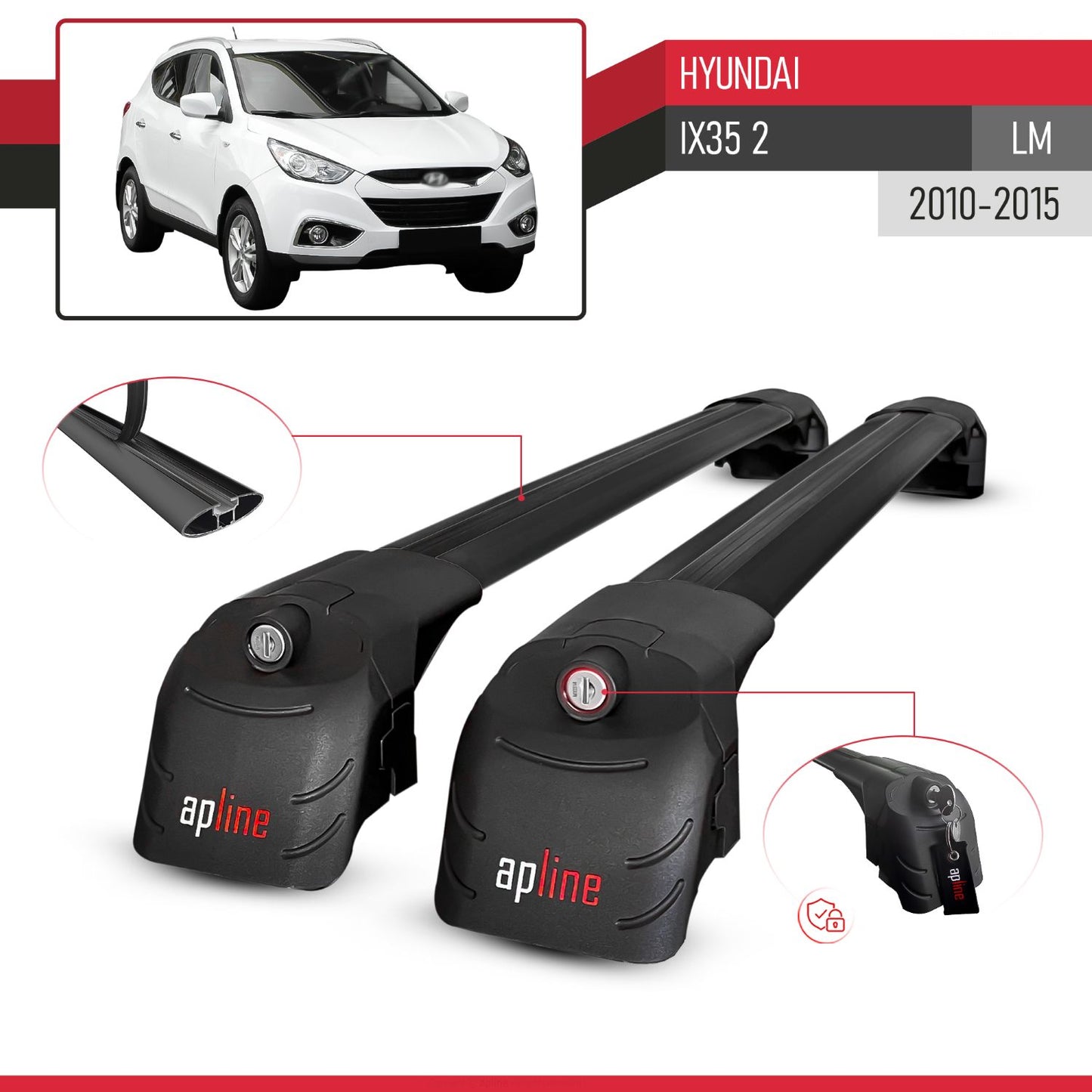 Compatible with Hyundai ix35 2 (LM) 2010-2015 ACE-2 Car Roof Rack Cross Bar Black Aluminium 2 Bars